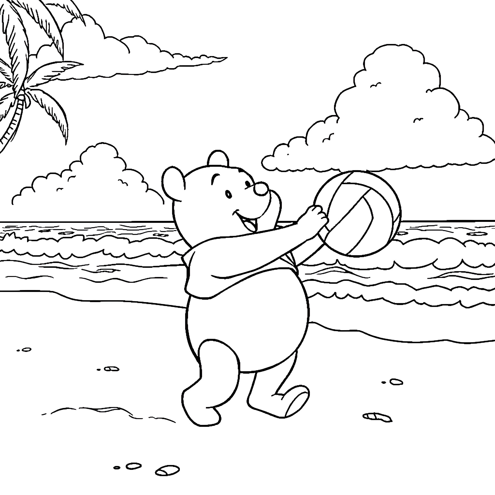 Winnie The Pooh playing with beach ball on tropical beach Coloring Page (free black-and-white line drawing printable PDF for all, from beginners to advanced learners, including children, teens, adults, and seniors)