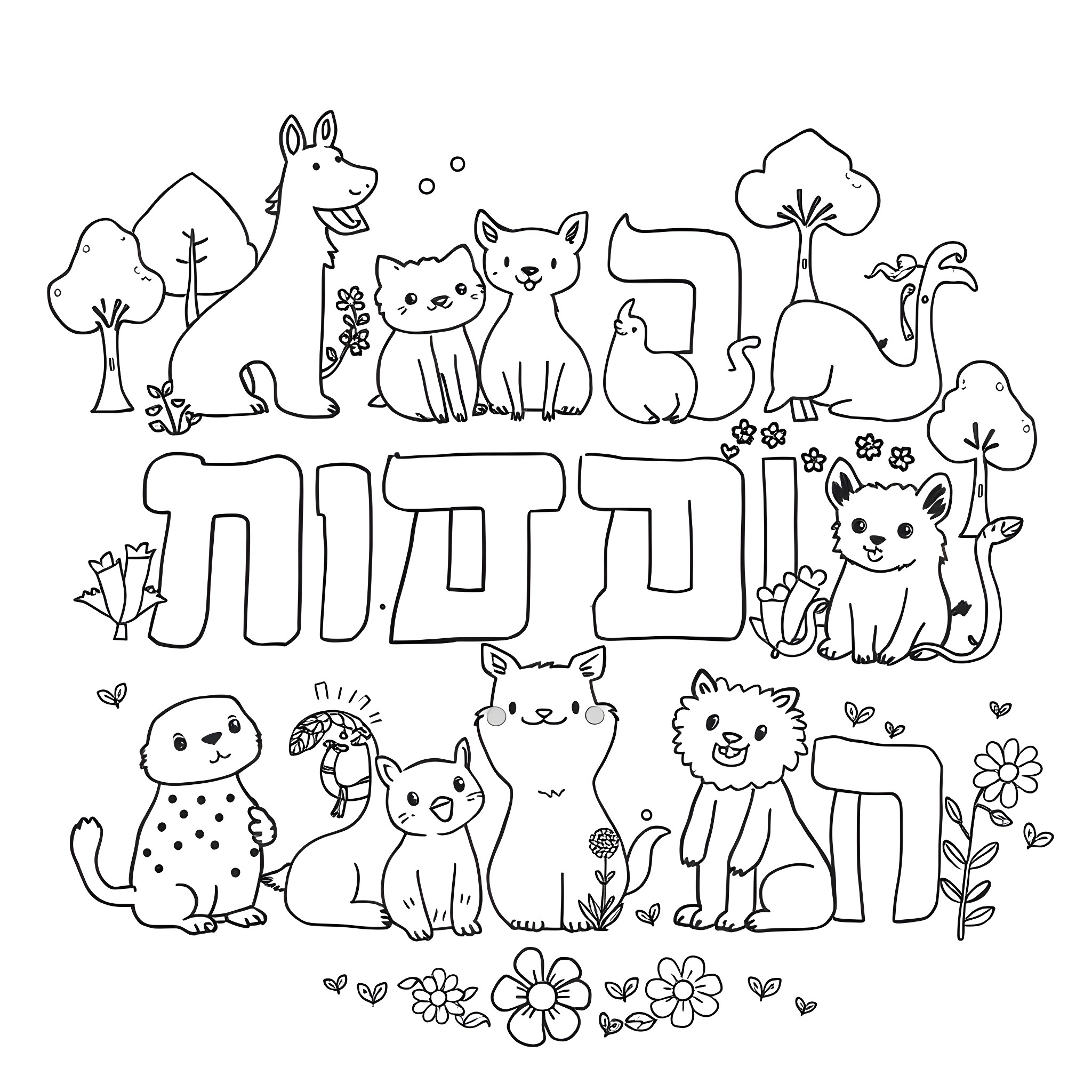 Hebrew Letter Animals Frolicking in Nature Coloring Page (free black-and-white line drawing printable PDF for all, from beginners to advanced learners, including children, teens, adults, and seniors)