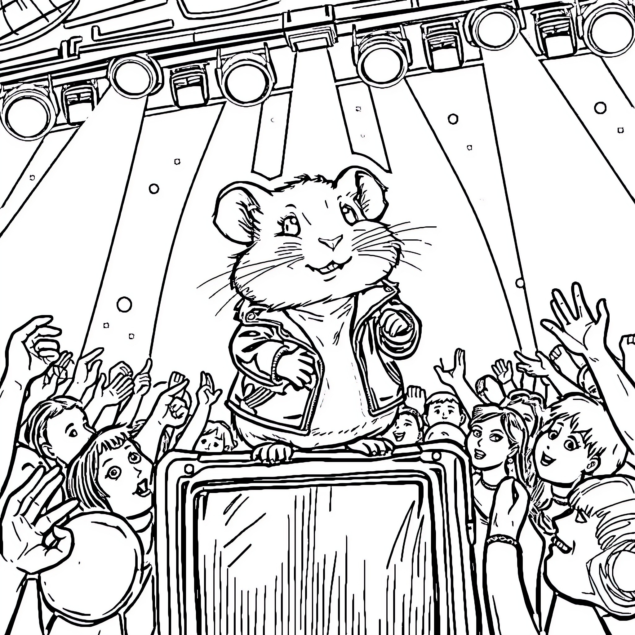 Hamster performing on stage in front of cheering crowd Coloring Page (free black-and-white line drawing printable PDF for all, from beginners to advanced learners, including children, teens, adults, and seniors)
