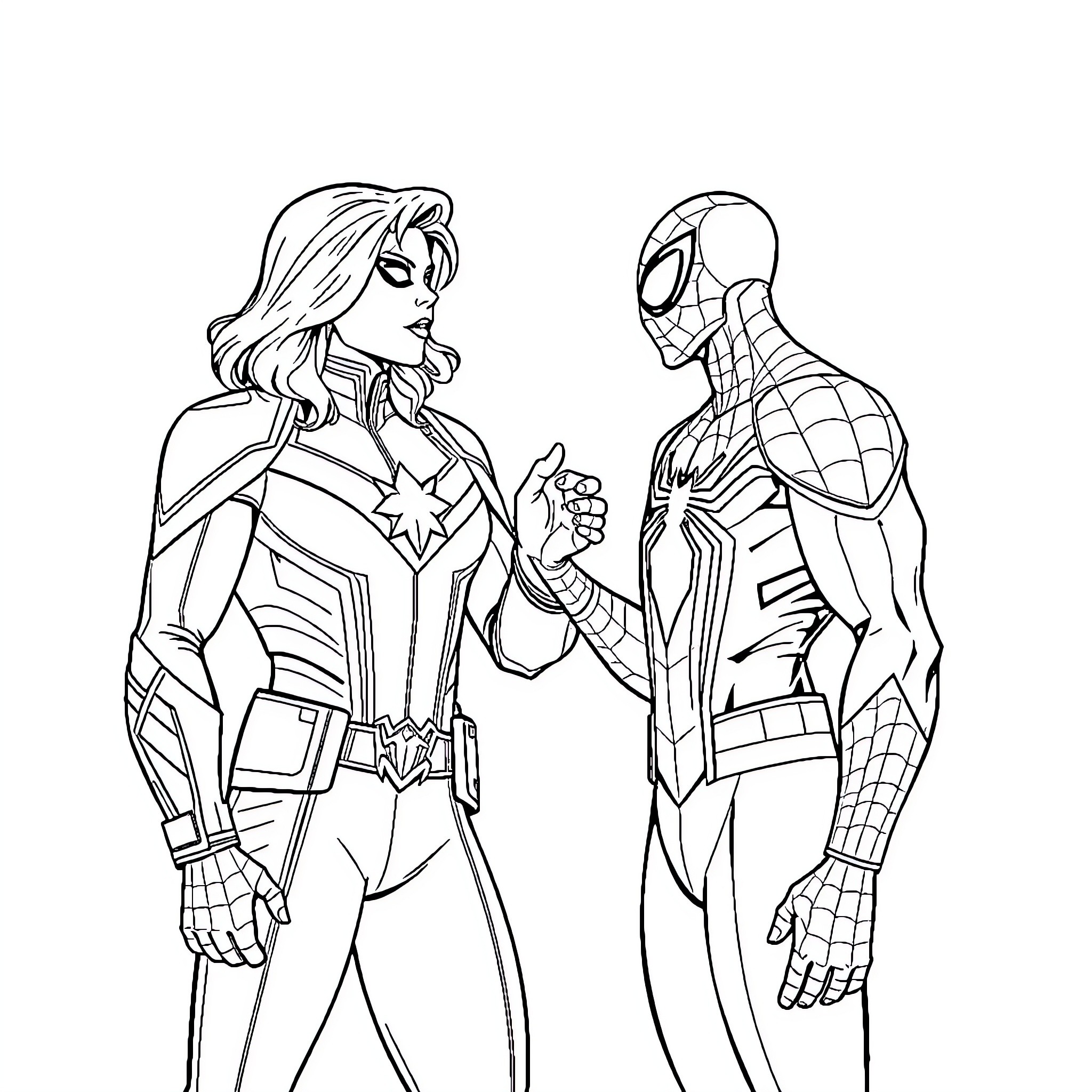 Captain Marvel and Spider-Man team up in heroic pose Coloring Page (free black-and-white line drawing printable PDF for all, from beginners to advanced learners, including children, teens, adults, and seniors)