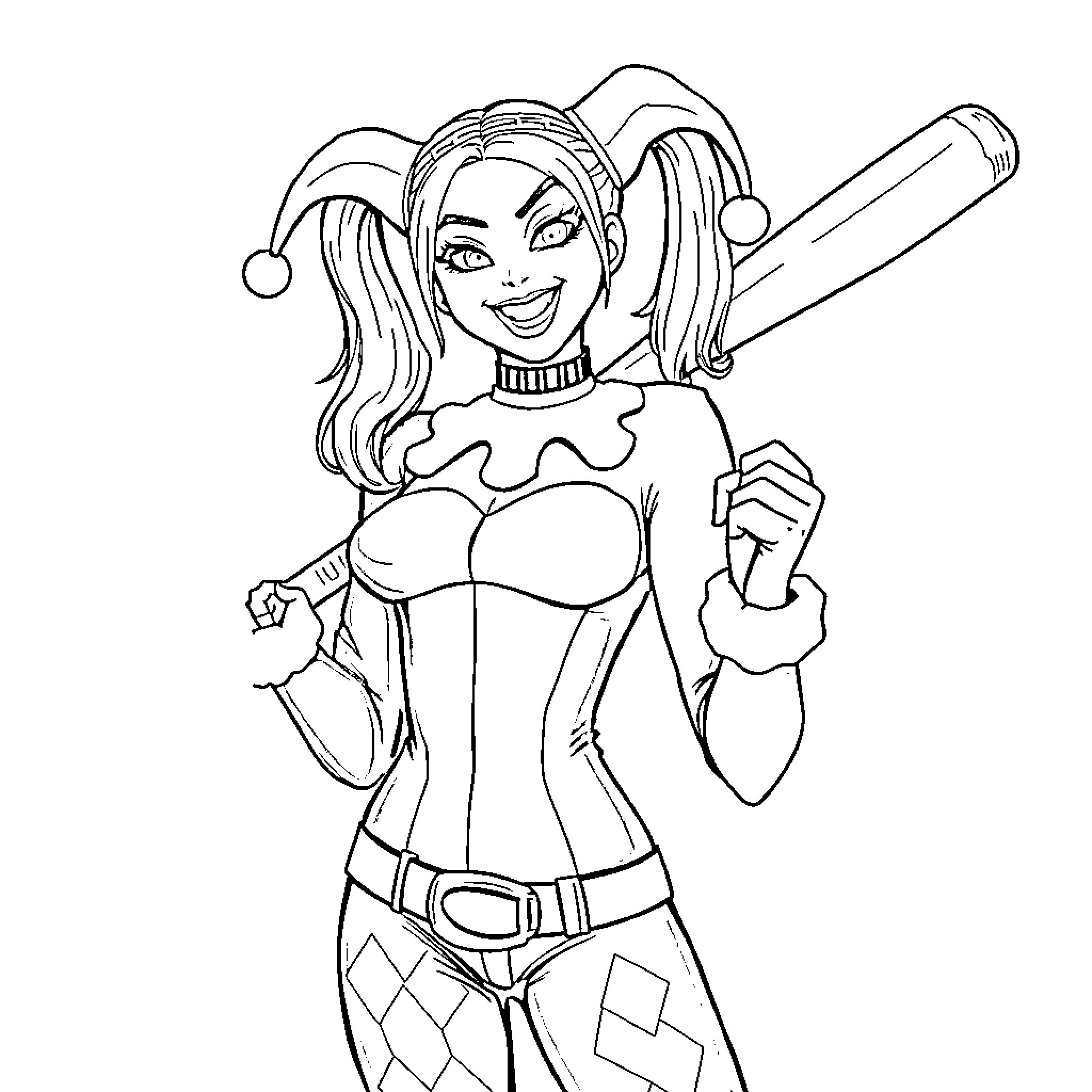 Harley Quinn in a playful and energetic pose Coloring Page (free black-and-white line drawing printable PDF for all, from beginners to advanced learners, including children, teens, adults, and seniors)