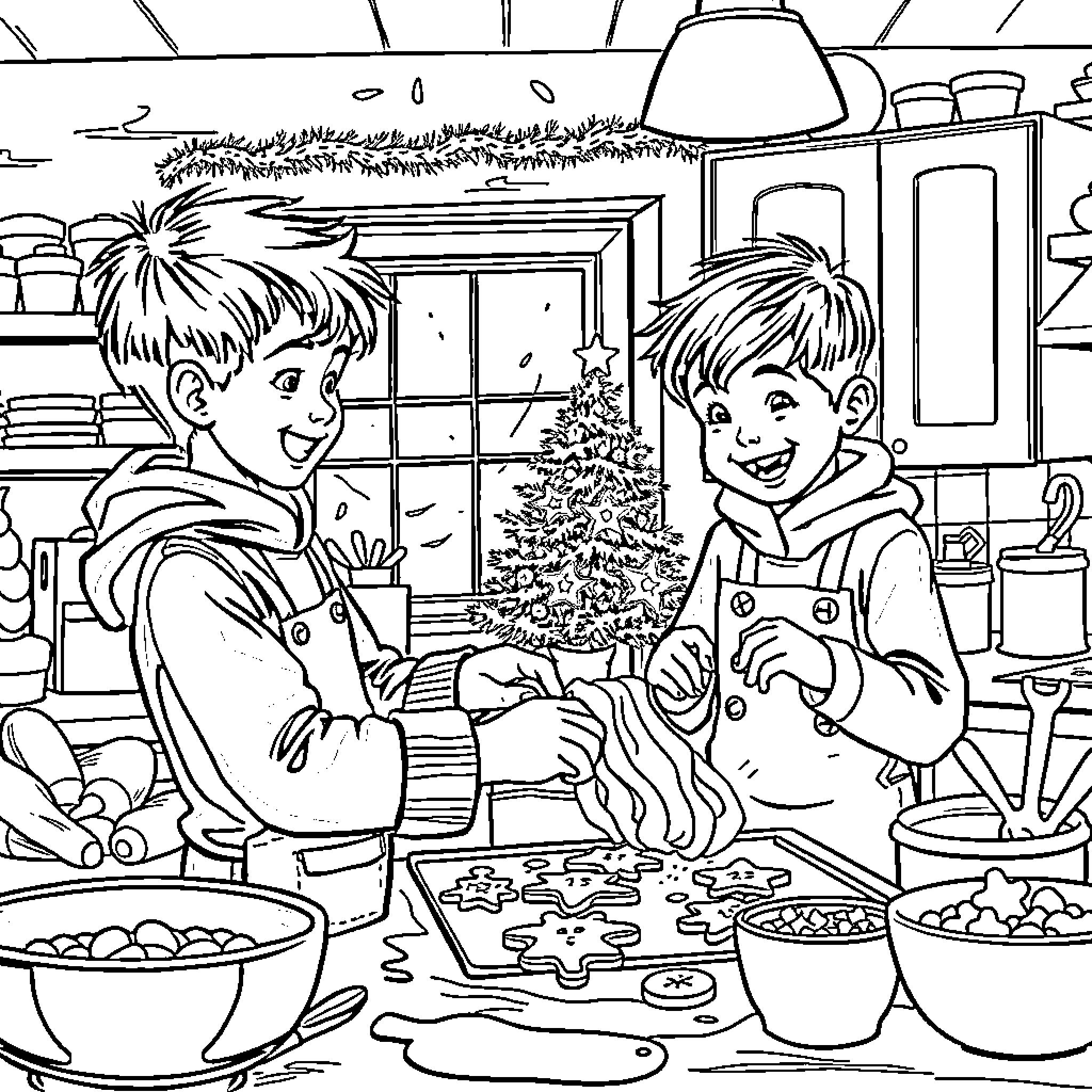 Boys Decorating Christmas Tree in Cozy Home Coloring Page (free black-and-white line drawing printable PDF for all, from beginners to advanced learners, including children, teens, adults, and seniors)