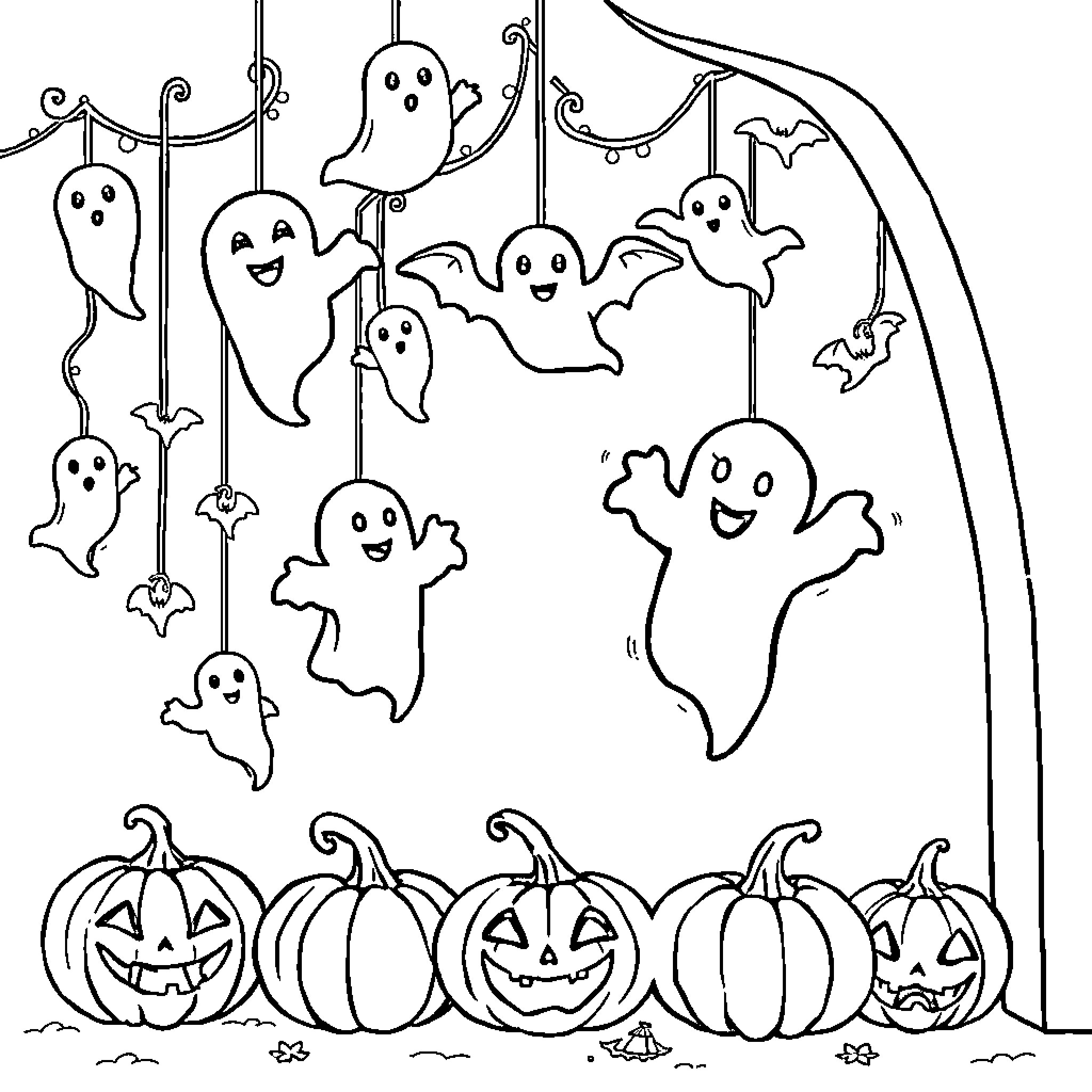 Halloween Ghosts and Pumpkins Celebration Coloring Page (free black-and-white line drawing printable PDF for all, from beginners to advanced learners, including children, teens, adults, and seniors)