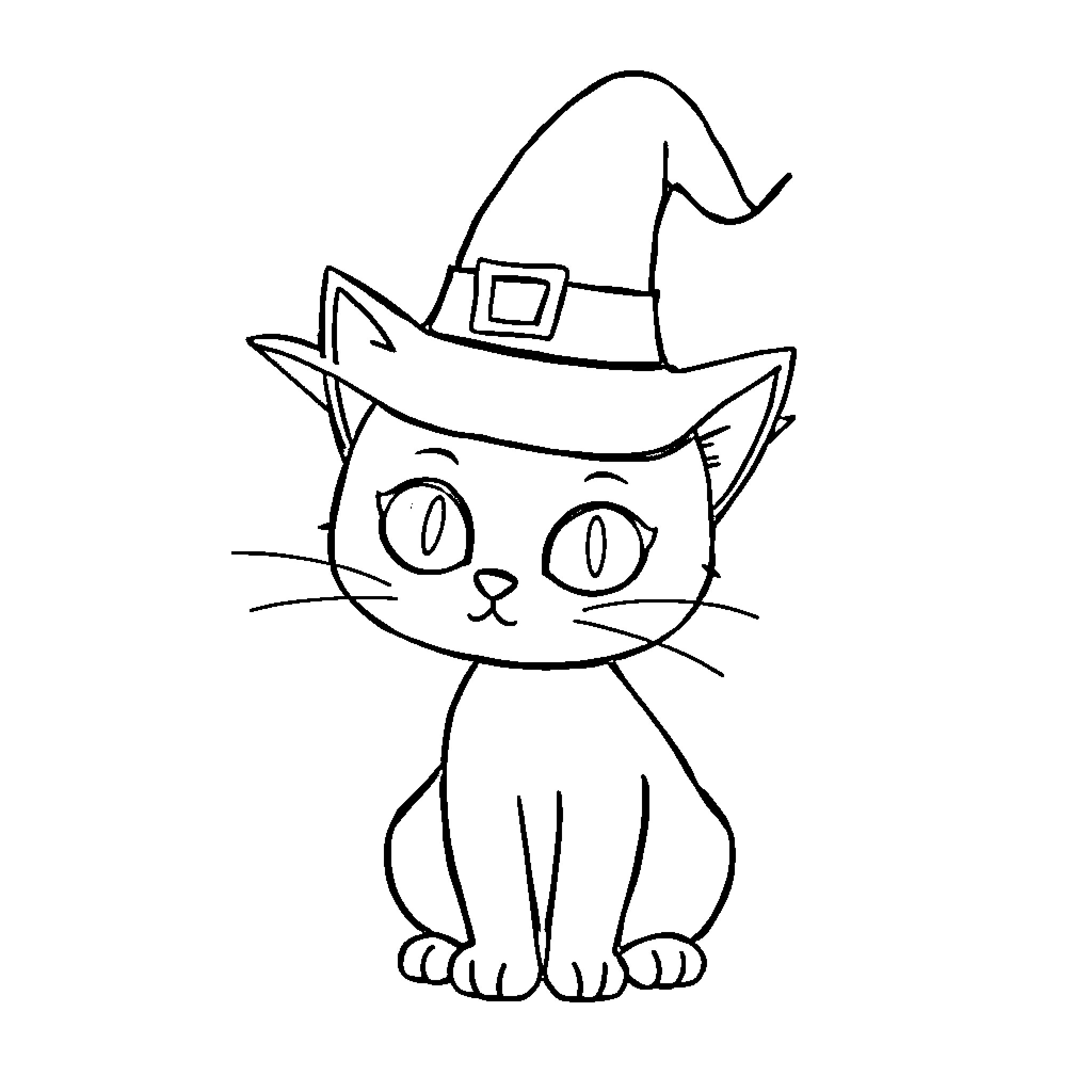 Cat wearing a witch's hat Coloring Page (free black-and-white line drawing printable PDF for all, from beginners to advanced learners, including children, teens, adults, and seniors)