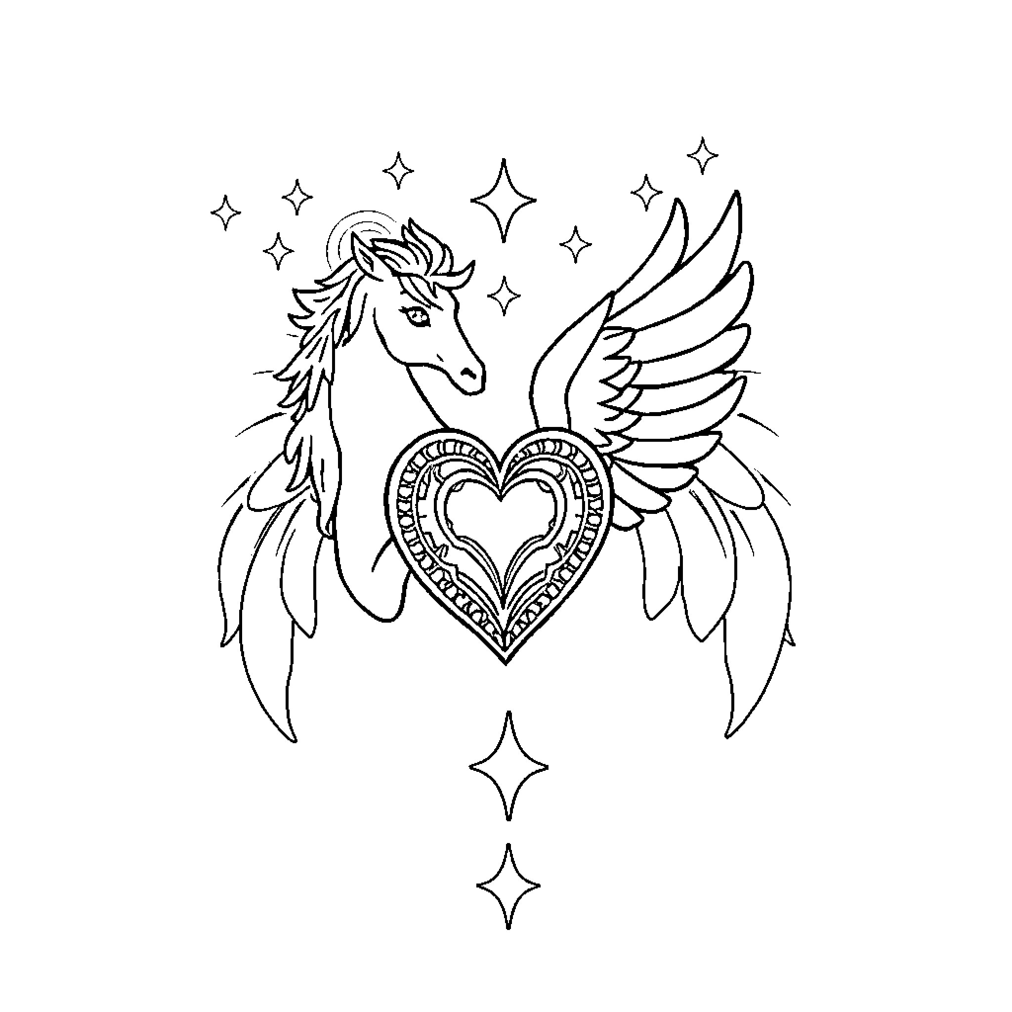 Heart-Shaped Winged Unicorn with Sparkling Stars Coloring Page (free black-and-white line drawing printable PDF for all, from beginners to advanced learners, including children, teens, adults, and seniors)