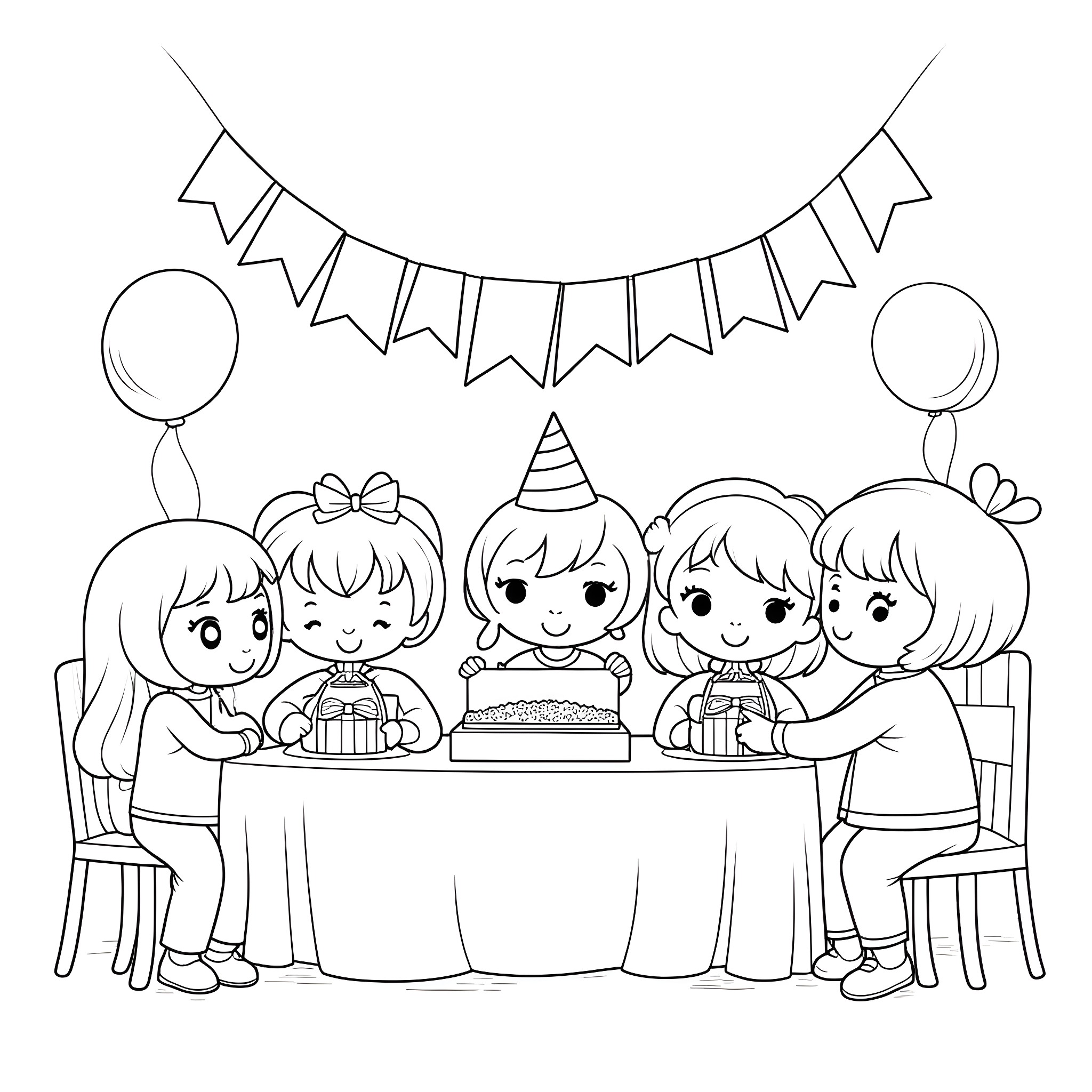 Baby Shower Celebration with Friends and Cake Coloring Page (free black-and-white line drawing printable PDF for all, from beginners to advanced learners, including children, teens, adults, and seniors)
