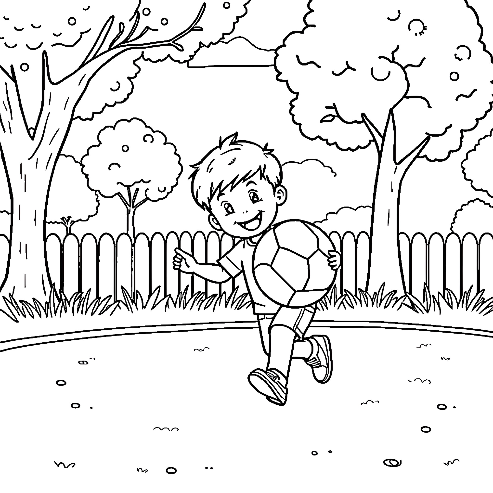 Kid playing soccer joyfully in the park Coloring Page (free black-and-white line drawing printable PDF for all, from beginners to advanced learners, including children, teens, adults, and seniors)
