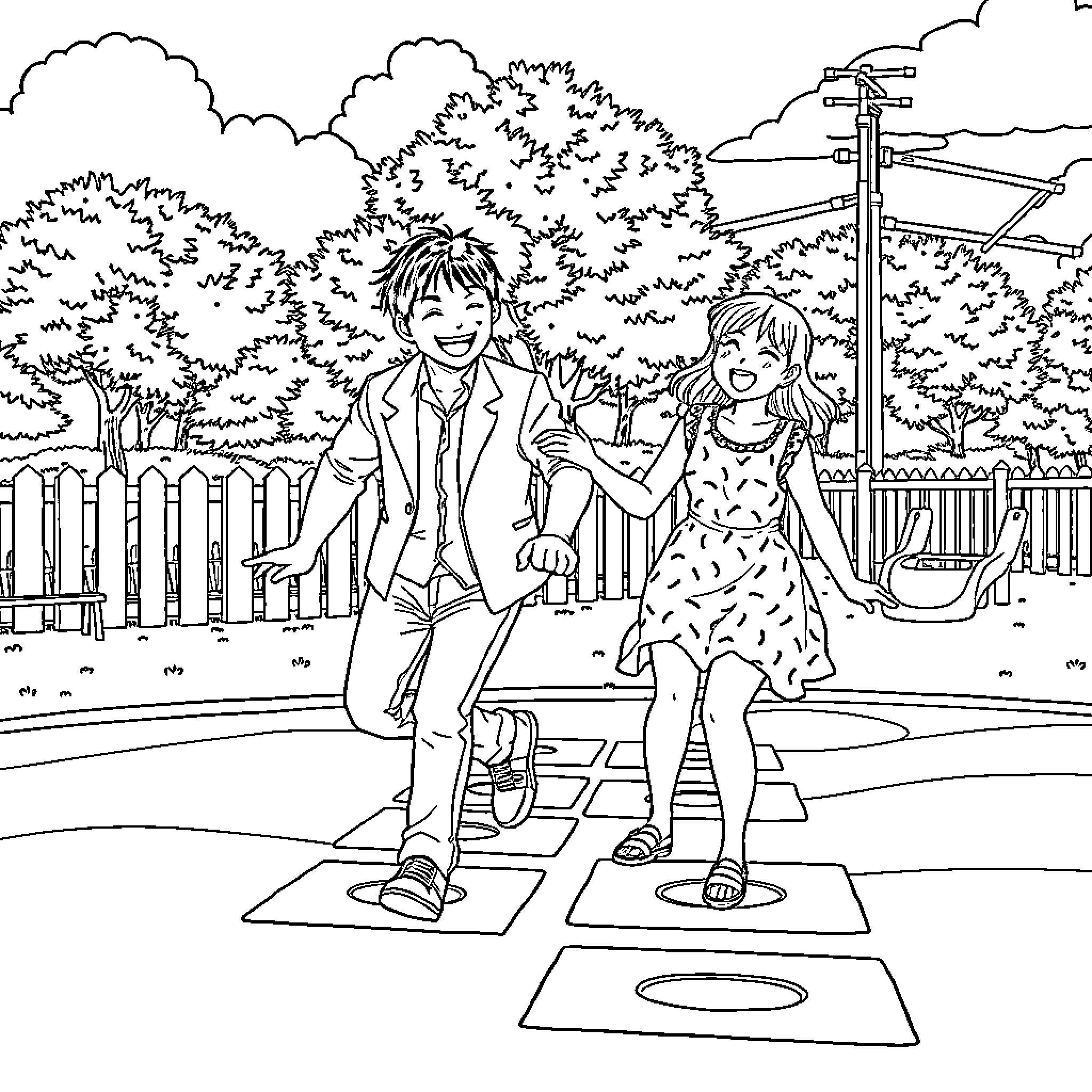 Satoru Gojo and companion enjoy a playful stroll Coloring Page (free black-and-white line drawing printable PDF for all, from beginners to advanced learners, including children, teens, adults, and seniors)