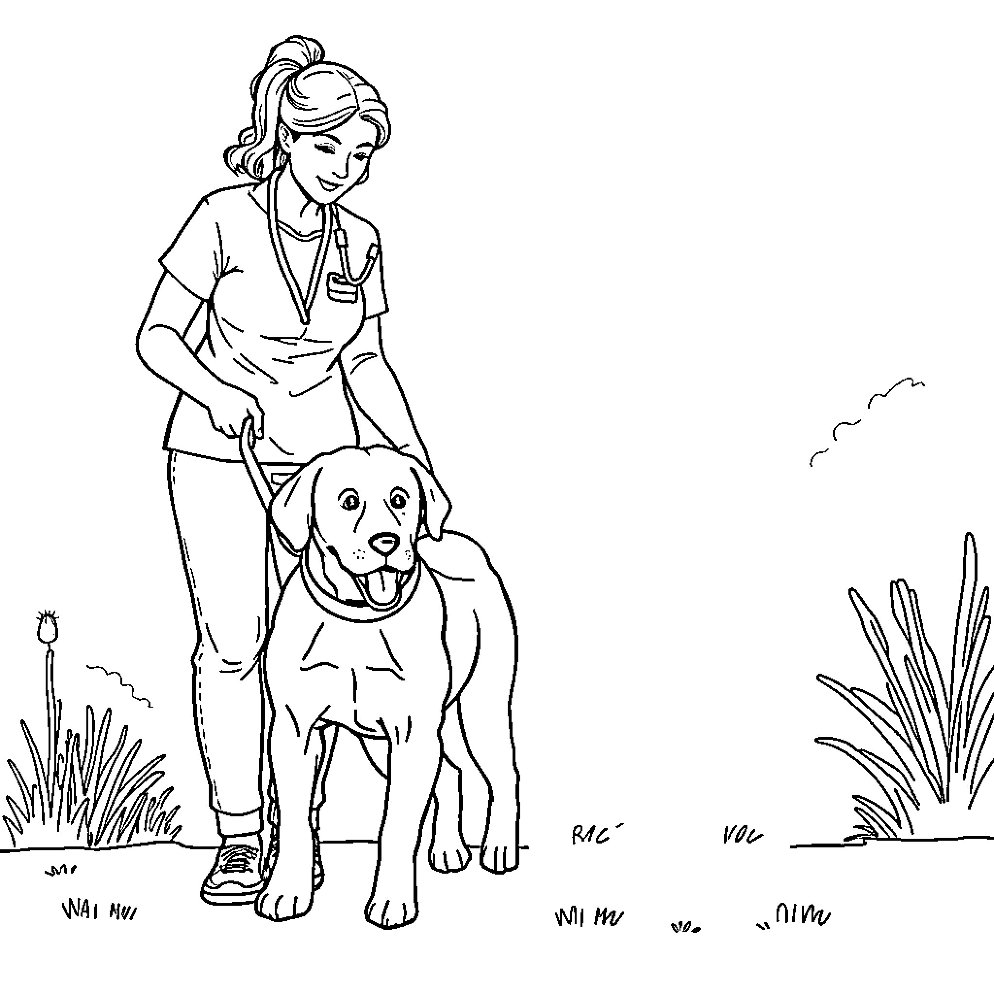 Dog being walked by a happy person Coloring Page (free black-and-white line drawing printable PDF for all, from beginners to advanced learners, including children, teens, adults, and seniors)