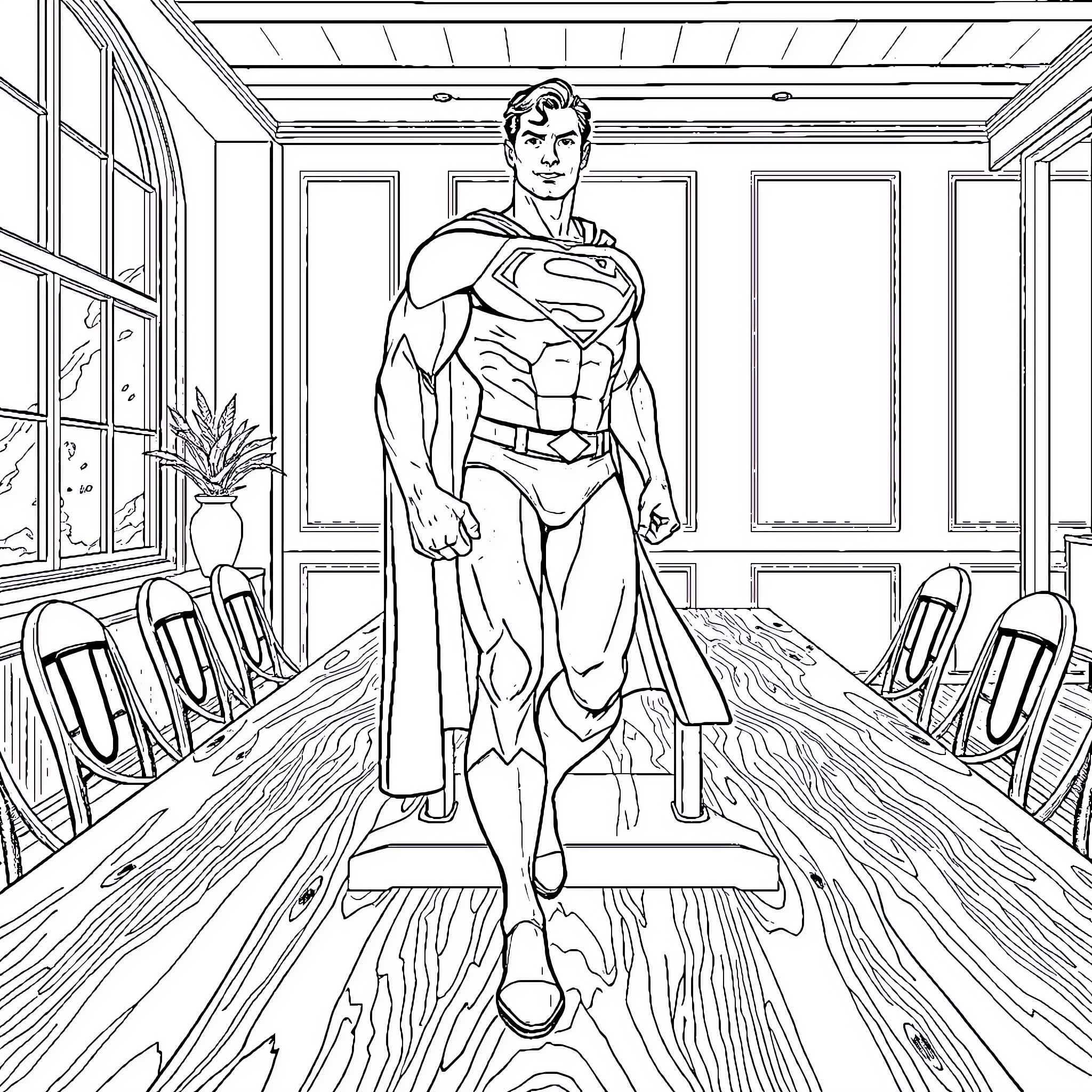 Superman standing heroically in a room Coloring Page (free black-and-white line drawing printable PDF for all, from beginners to advanced learners, including children, teens, adults, and seniors)