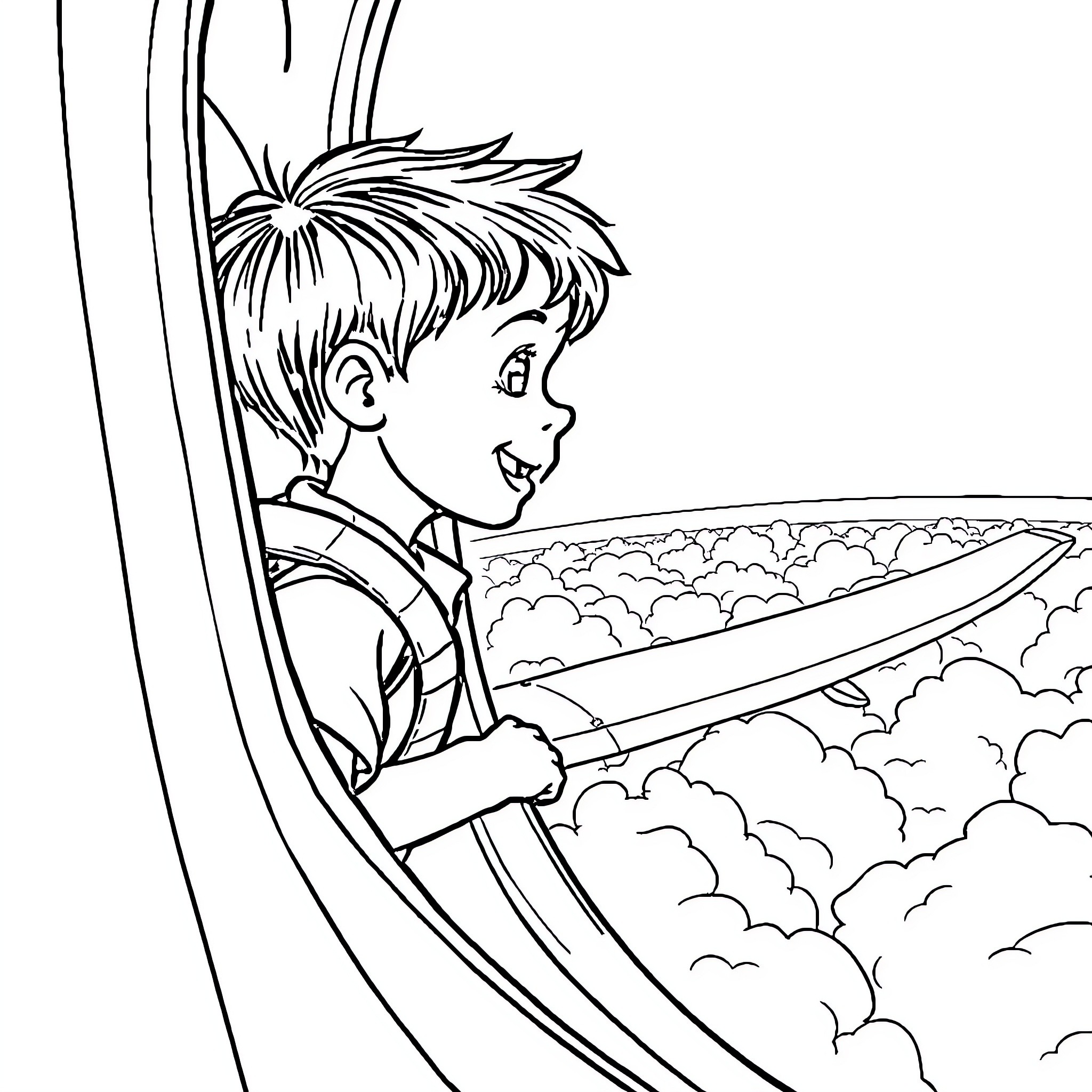 Boy gazing out of the window at cloudy sky Coloring Page (free black-and-white line drawing printable PDF for all, from beginners to advanced learners, including children, teens, adults, and seniors)