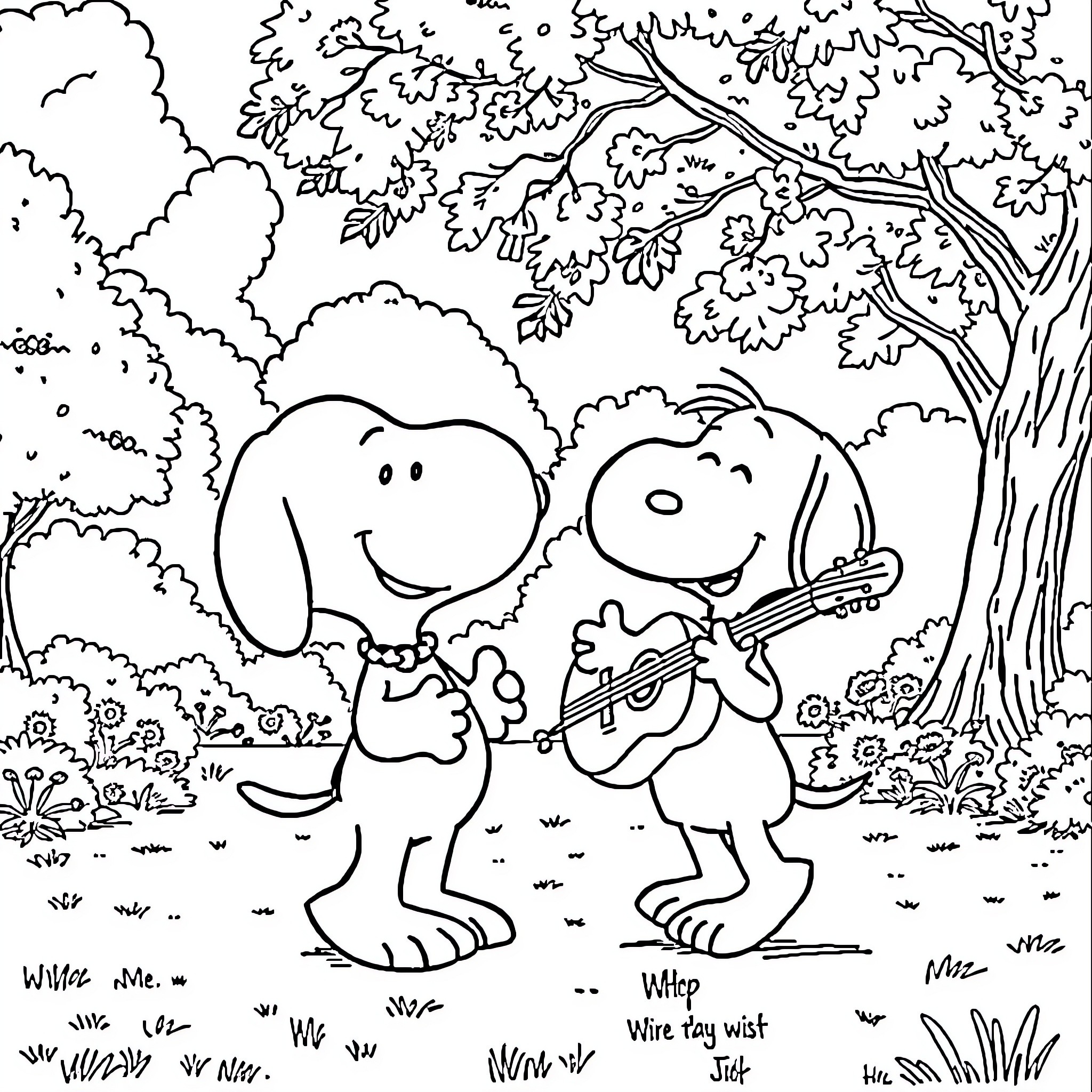 Pochacco enjoying a musical duet in the park Coloring Page (free black-and-white line drawing printable PDF for all, from beginners to advanced learners, including children, teens, adults, and seniors)