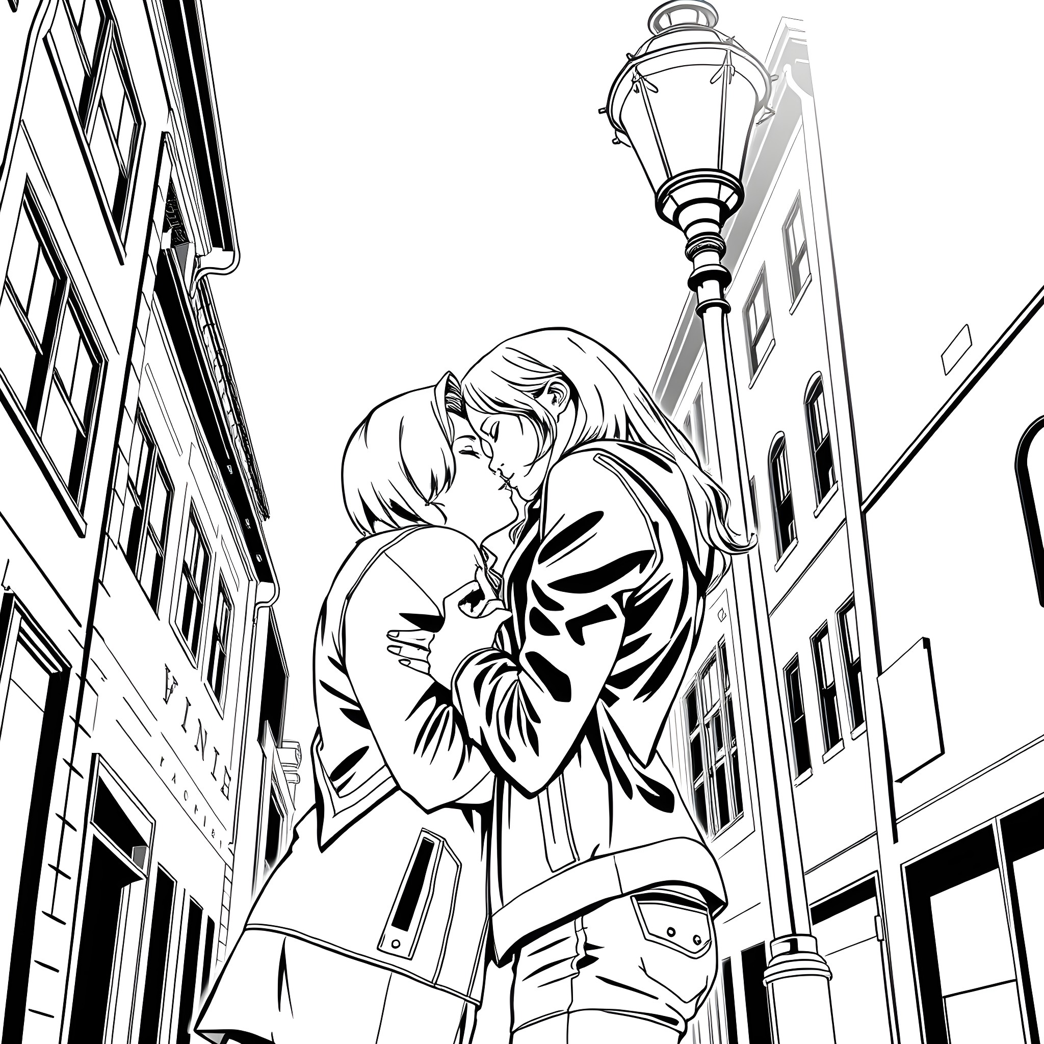 Clair Redfield's intimate embrace on a city street Coloring Page (free black-and-white line drawing printable PDF for all, from beginners to advanced learners, including children, teens, adults, and seniors)