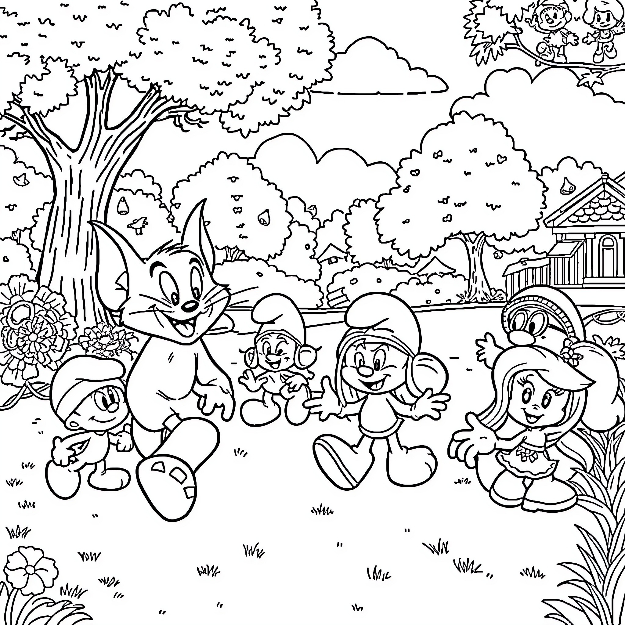 Character cartoon figures exploring a lush outdoor scene Coloring Page (free black-and-white line drawing printable PDF for all, from beginners to advanced learners, including children, teens, adults, and seniors)