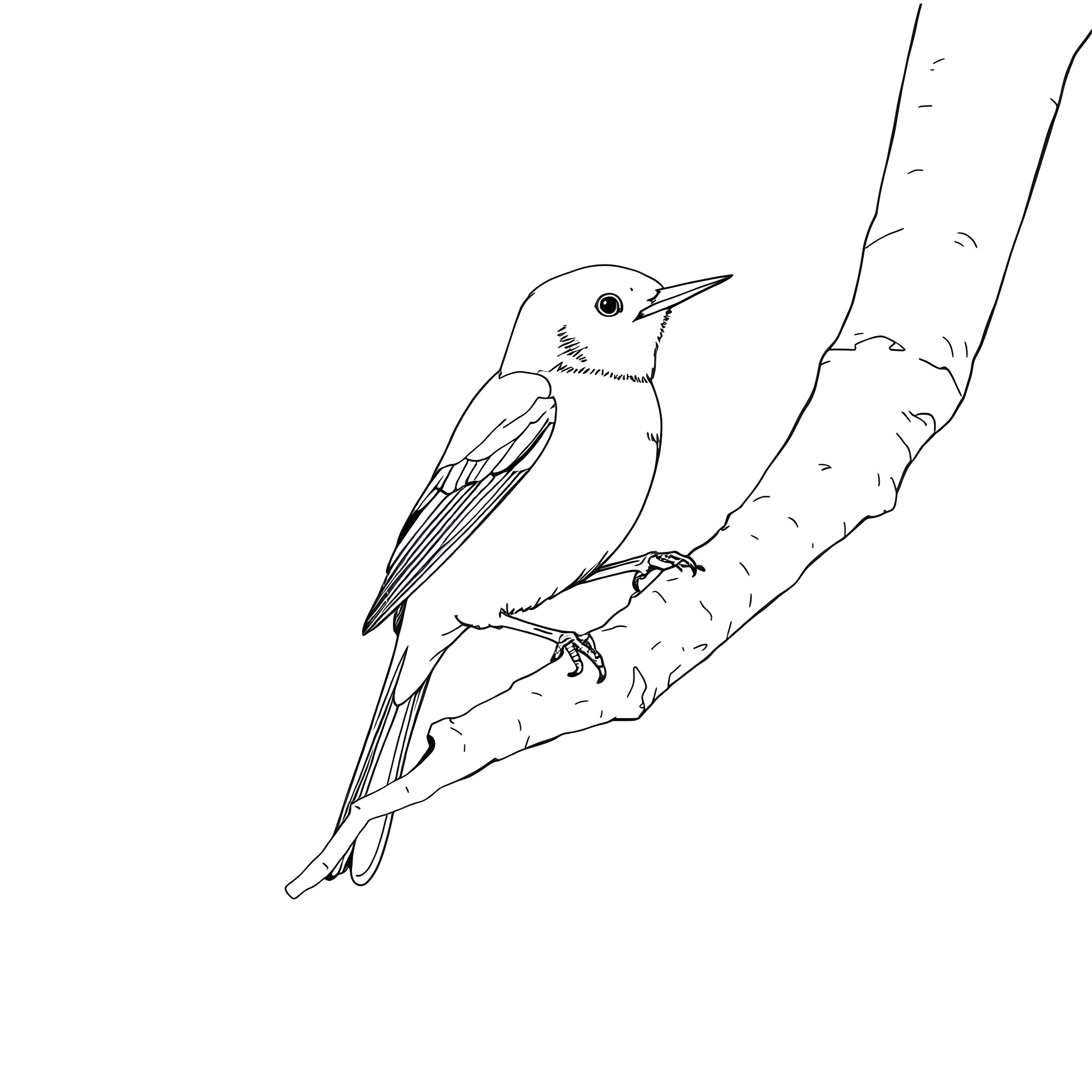 Honeycreeper perched on a branch Coloring Page (free black-and-white line drawing printable PDF for all, from beginners to advanced learners, including children, teens, adults, and seniors)
