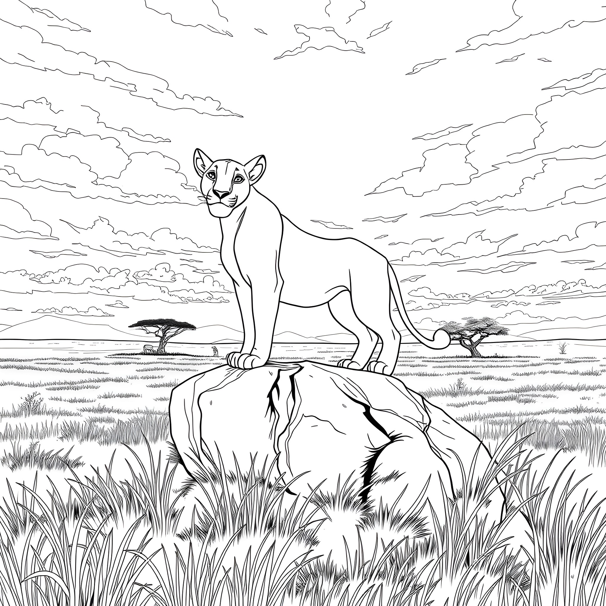 Nala the lioness surveying the African savanna Coloring Page (free black-and-white line drawing printable PDF for all, from beginners to advanced learners, including children, teens, adults, and seniors)