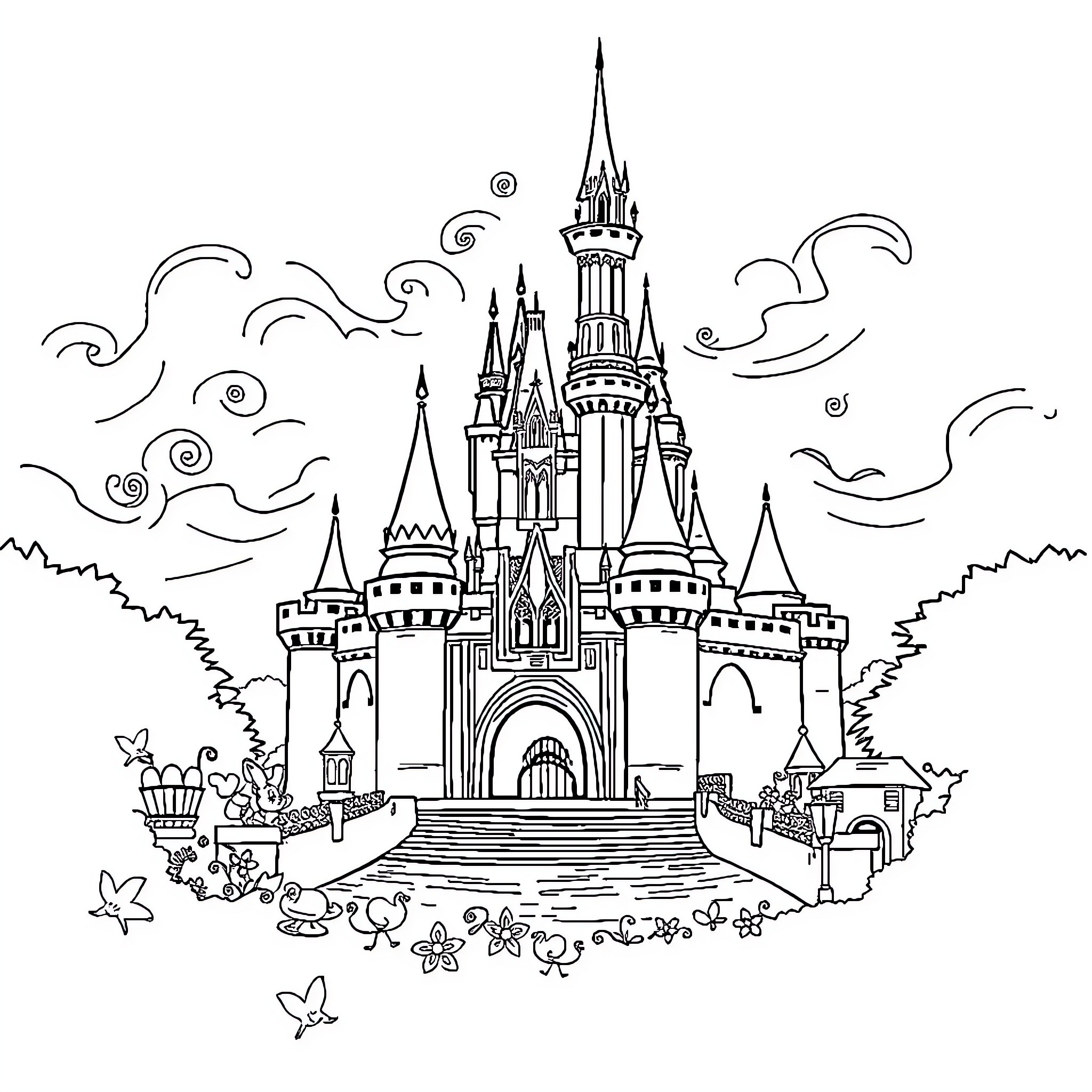 Disney Castle in Enchanting Landscape Coloring Page (free black-and-white line drawing printable PDF for all, from beginners to advanced learners, including children, teens, adults, and seniors)