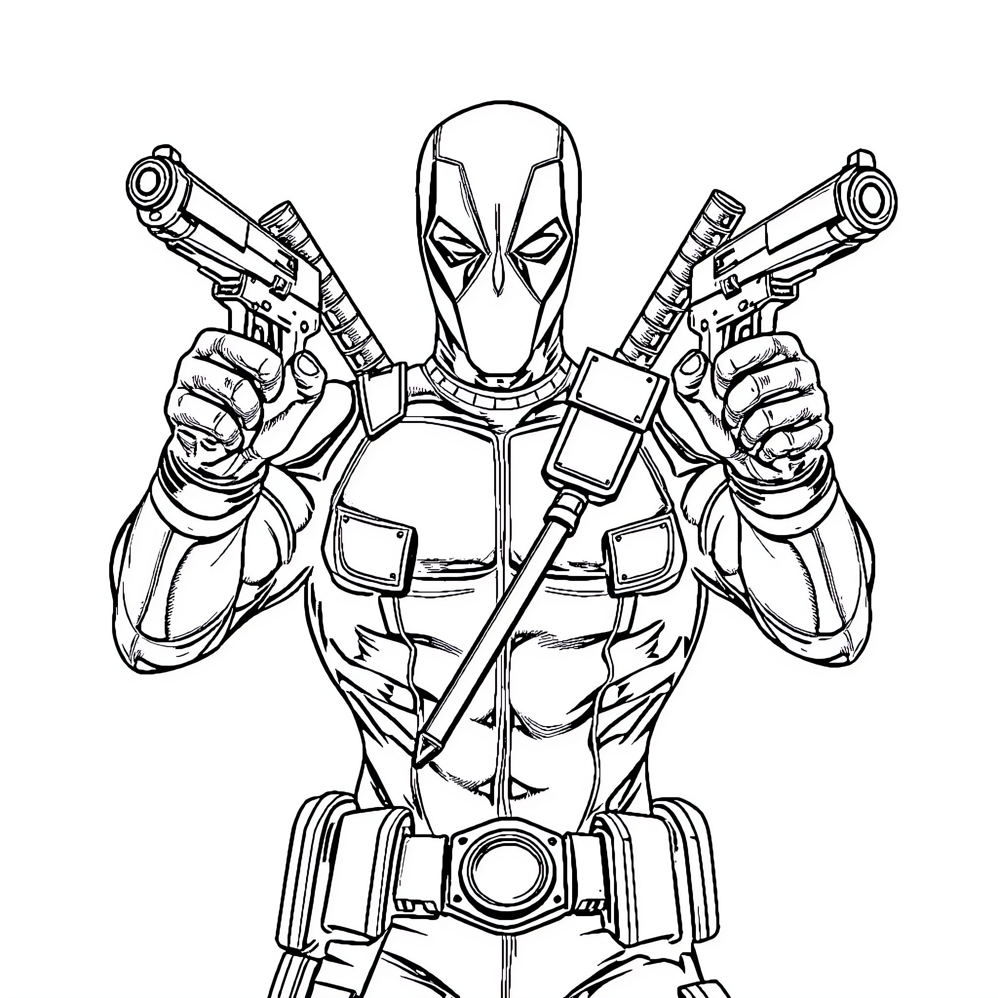 Deadpool wielding dual firearms in an action-packed pose Coloring Page (free black-and-white line drawing printable PDF for all, from beginners to advanced learners, including children, teens, adults, and seniors)