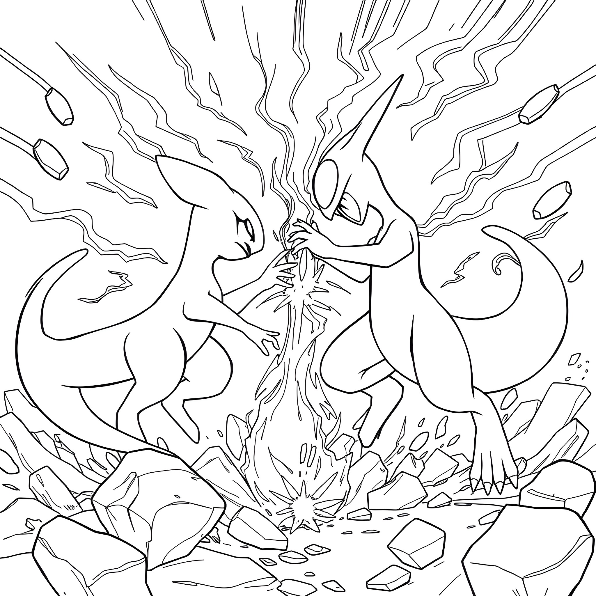 Mew Explosion of Crystalline Energy Coloring Page (free black-and-white line drawing printable PDF for all, from beginners to advanced learners, including children, teens, adults, and seniors)