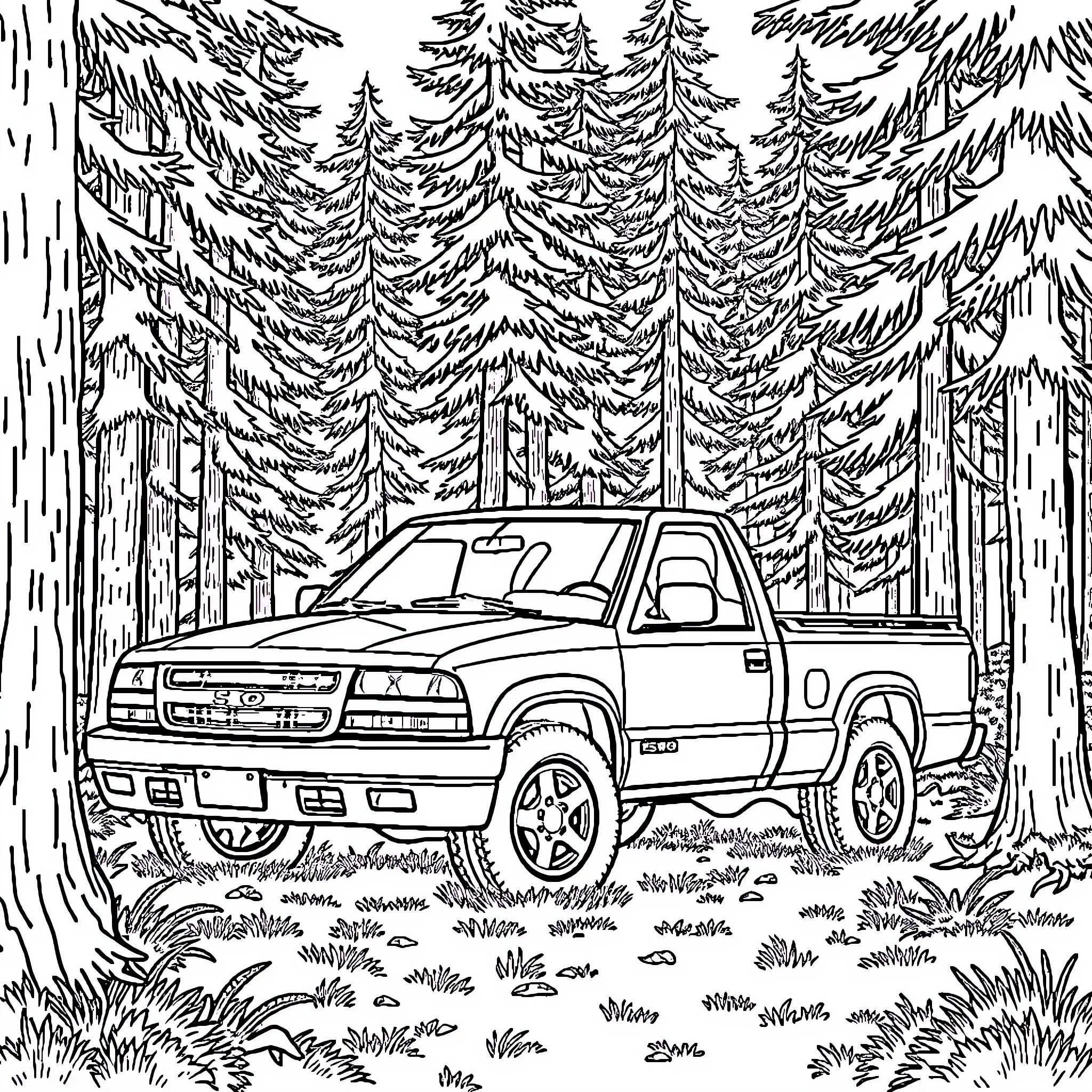 S10 Pickup Truck in Wooded Forest Coloring Page (free black-and-white line drawing printable PDF for all, from beginners to advanced learners, including children, teens, adults, and seniors)