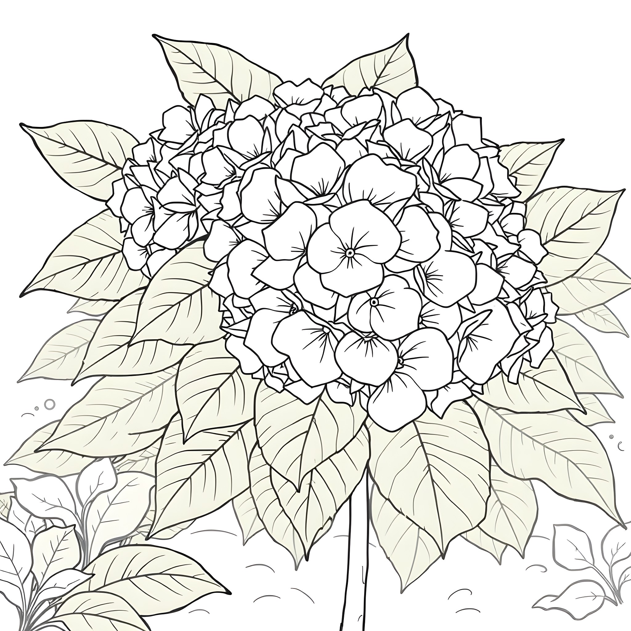 Hydrangea flowers in a lush, natural arrangement Coloring Page (free black-and-white line drawing printable PDF for all, from beginners to advanced learners, including children, teens, adults, and seniors)