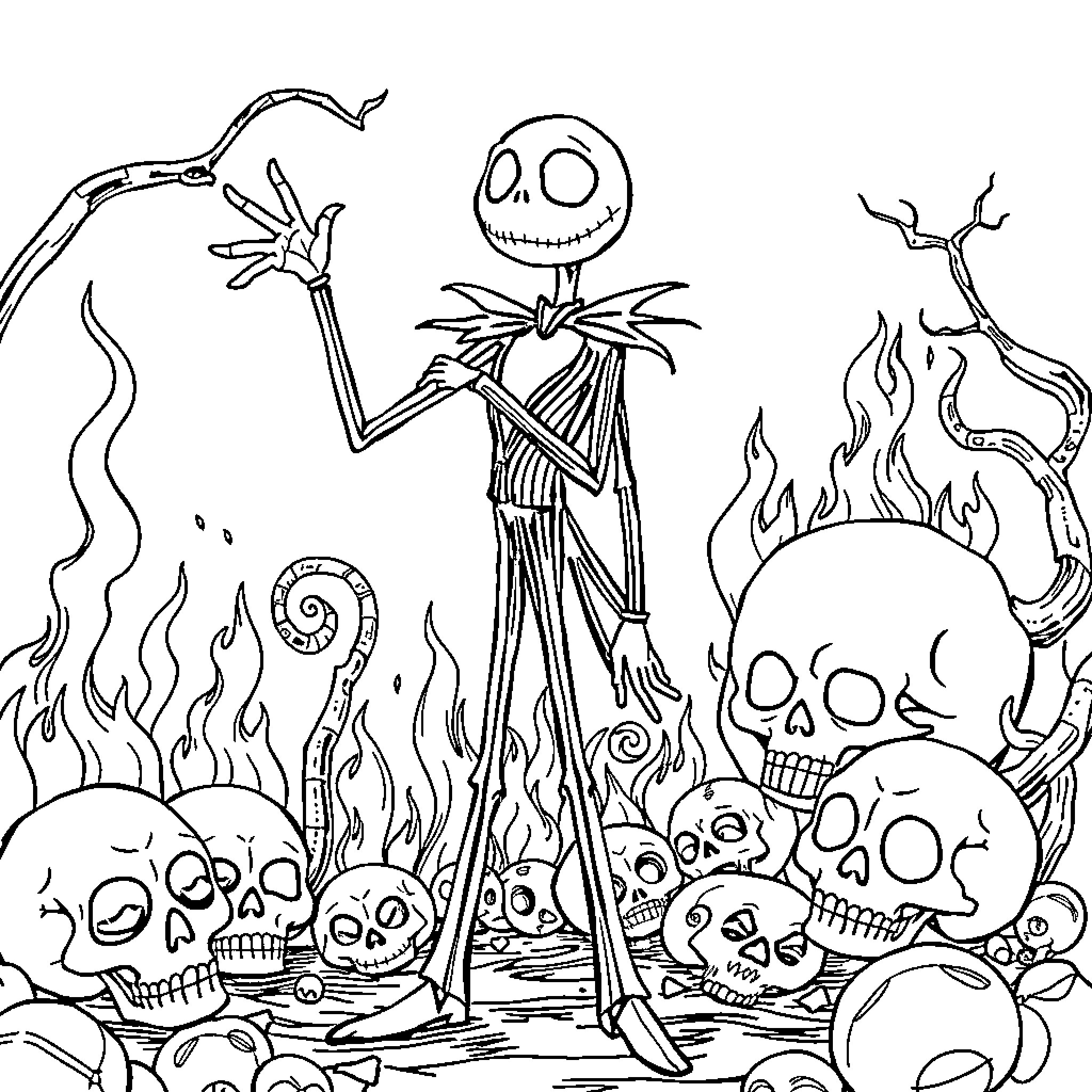 Jack Skellington in a spooky Halloween scene Coloring Page (free black-and-white line drawing printable PDF for all, from beginners to advanced learners, including children, teens, adults, and seniors)