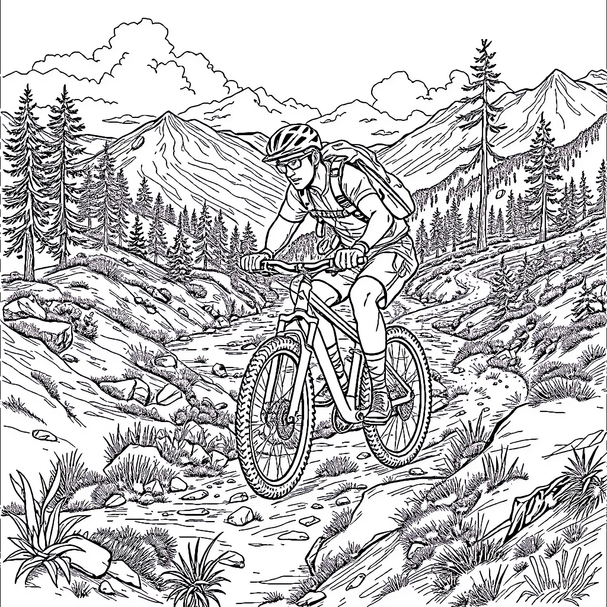 Veteran Cyclist Navigating Rugged Mountain Terrain Coloring Page (free black-and-white line drawing printable PDF for all, from beginners to advanced learners, including children, teens, adults, and seniors)