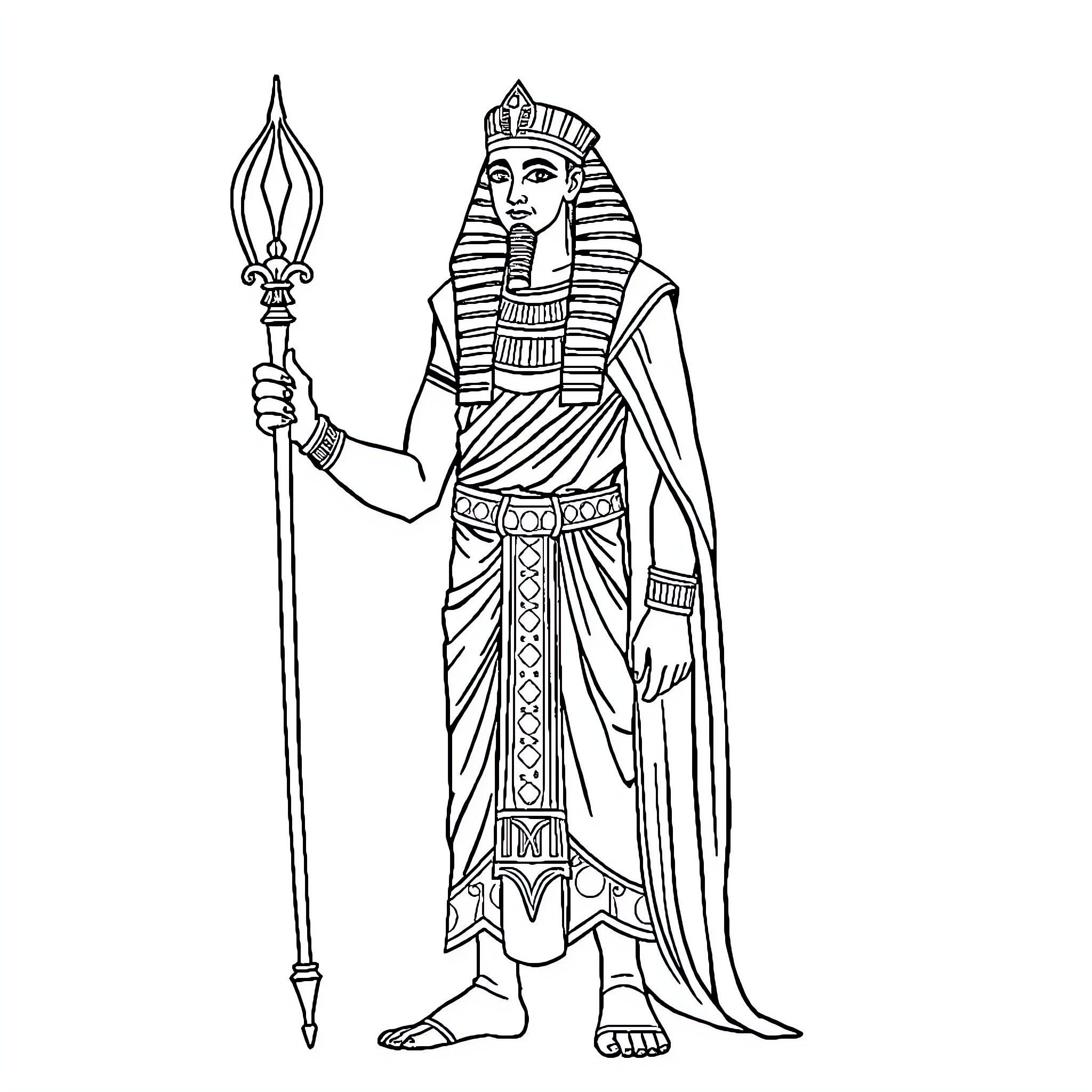 Egyptian Pharaoh with Distinctive Attire and Scepter Coloring Page (free black-and-white line drawing printable PDF for all, from beginners to advanced learners, including children, teens, adults, and seniors)