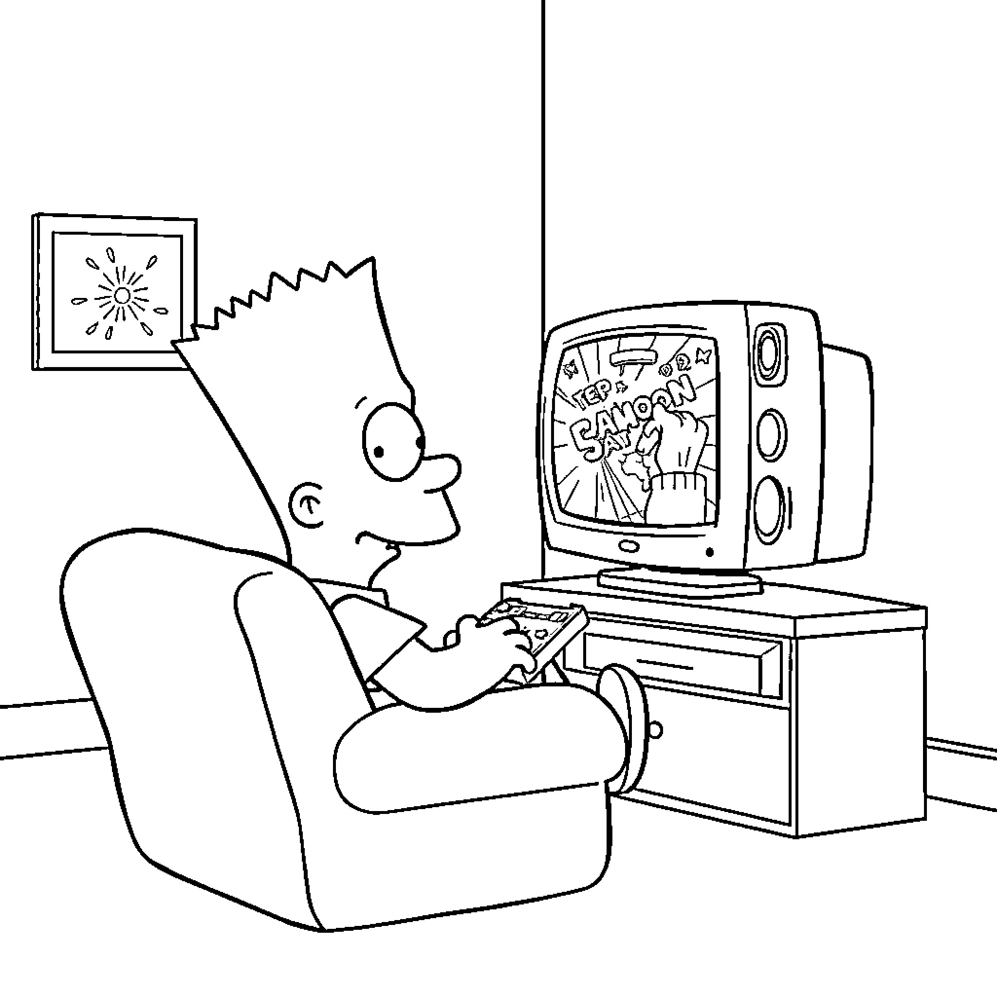Bart watching TV in the living room Coloring Page (free black-and-white line drawing printable PDF for all, from beginners to advanced learners, including children, teens, adults, and seniors)