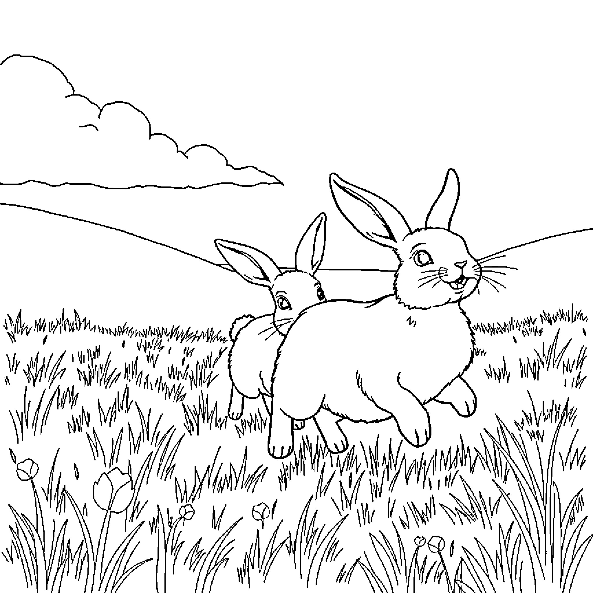 Rabbits frolicking playfully in grassy meadow Coloring Page (free black-and-white line drawing printable PDF for all, from beginners to advanced learners, including children, teens, adults, and seniors)