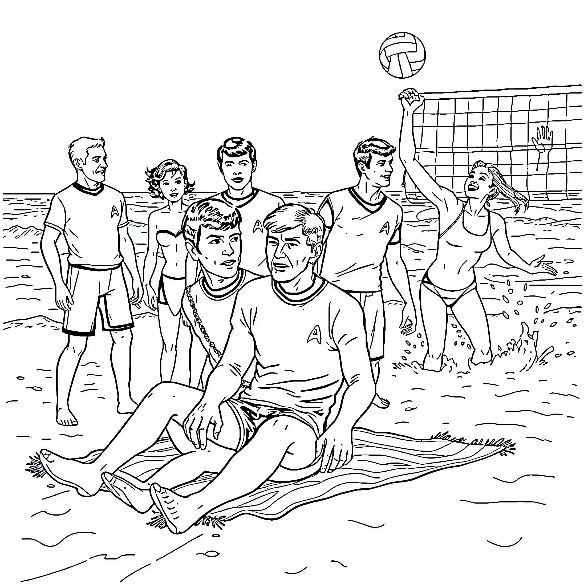 Star Trek Characters at Beachside Volleyball Game Coloring Page (free black-and-white line drawing printable PDF for all, from beginners to advanced learners, including children, teens, adults, and seniors)