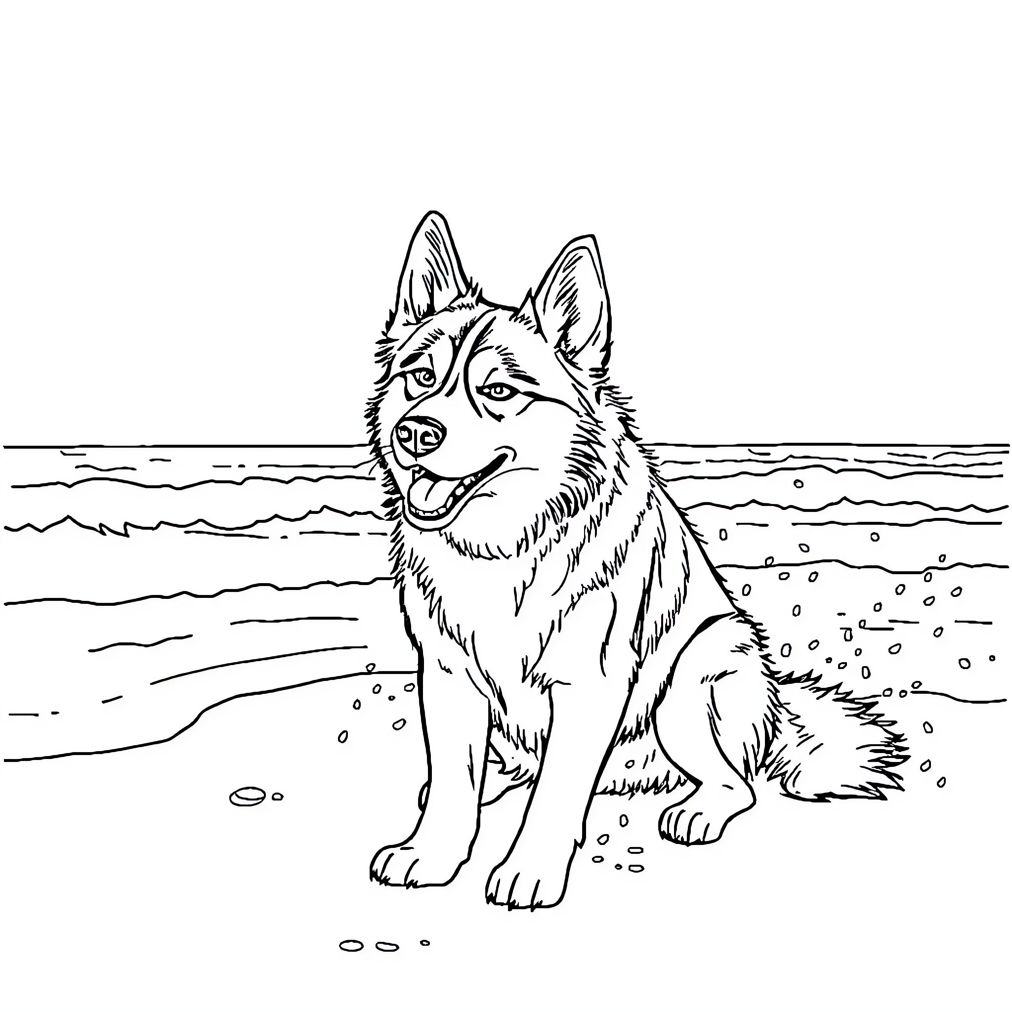 Husky dog enjoying the beach Coloring Page (free black-and-white line drawing printable PDF for all, from beginners to advanced learners, including children, teens, adults, and seniors)