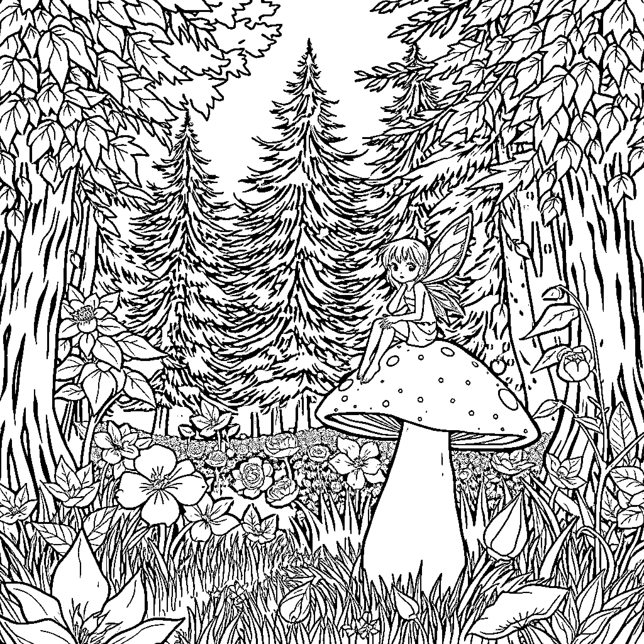 Mushroom Fairy in Enchanted Forest Landscape Coloring Page (free black-and-white line drawing printable PDF for all, from beginners to advanced learners, including children, teens, adults, and seniors)