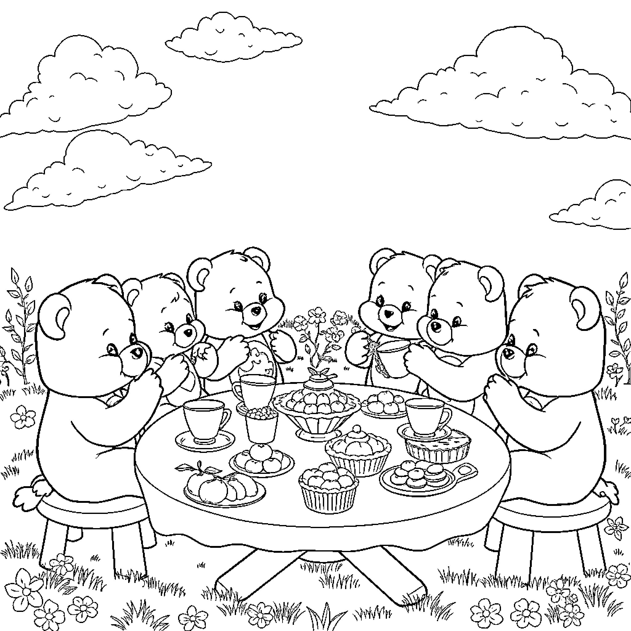 Care Bears Enjoying a Picnic in the Outdoors Coloring Page (free black-and-white line drawing printable PDF for all, from beginners to advanced learners, including children, teens, adults, and seniors)