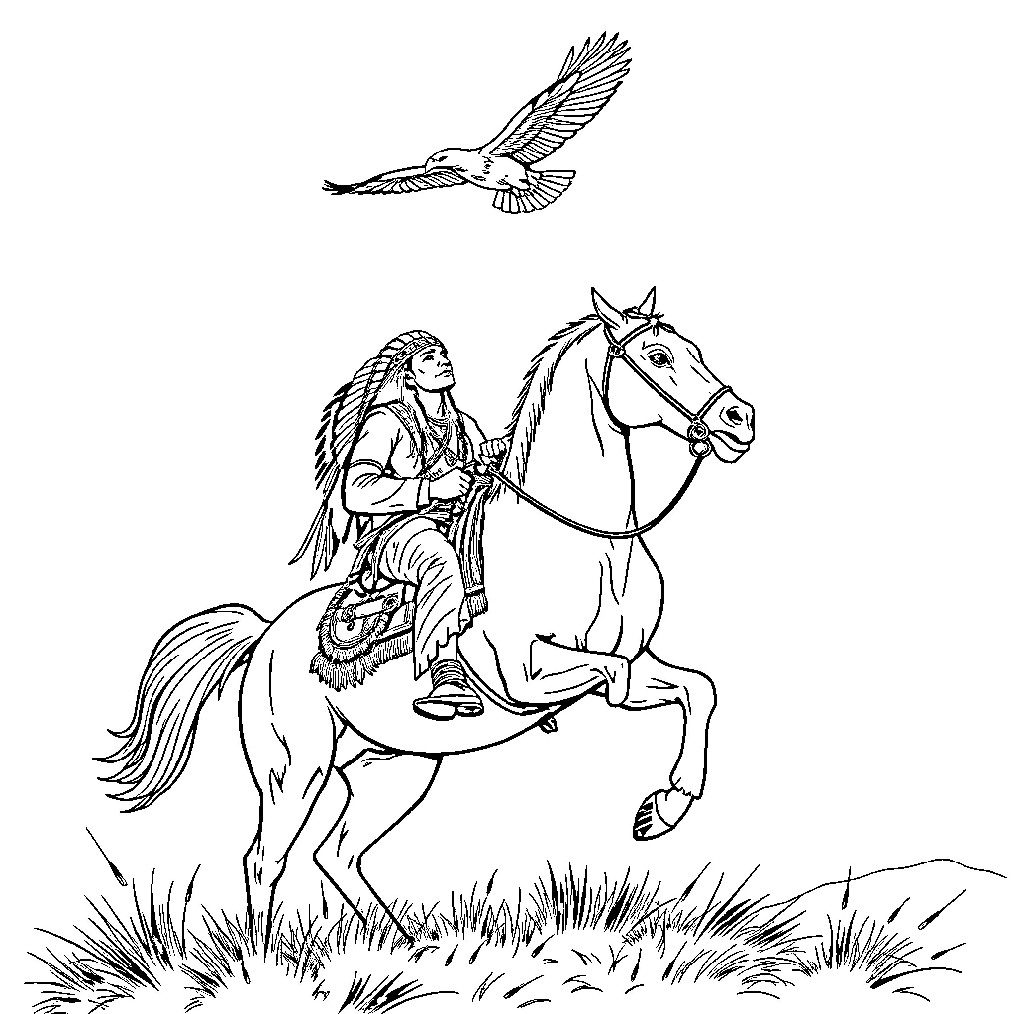 Native American on horseback with flying bird Coloring Page (free black-and-white line drawing printable PDF for all, from beginners to advanced learners, including children, teens, adults, and seniors)