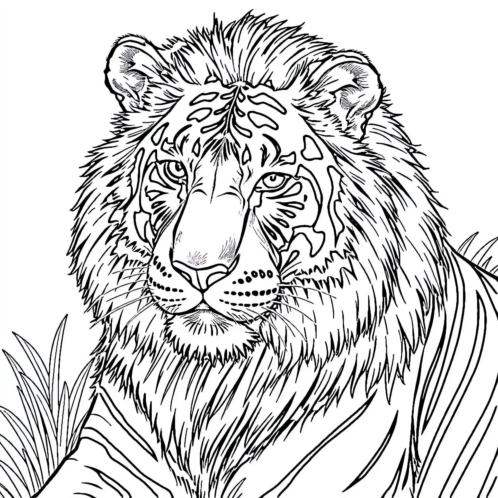 Ligre in the wild with intense gaze Coloring Page (free black-and-white line drawing printable PDF for all, from beginners to advanced learners, including children, teens, adults, and seniors)