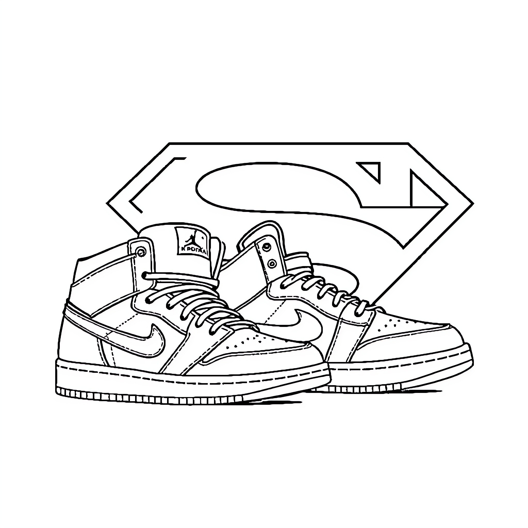 Jordan Shoes with Superman-inspired design Coloring Page (free black-and-white line drawing printable PDF for all, from beginners to advanced learners, including children, teens, adults, and seniors)