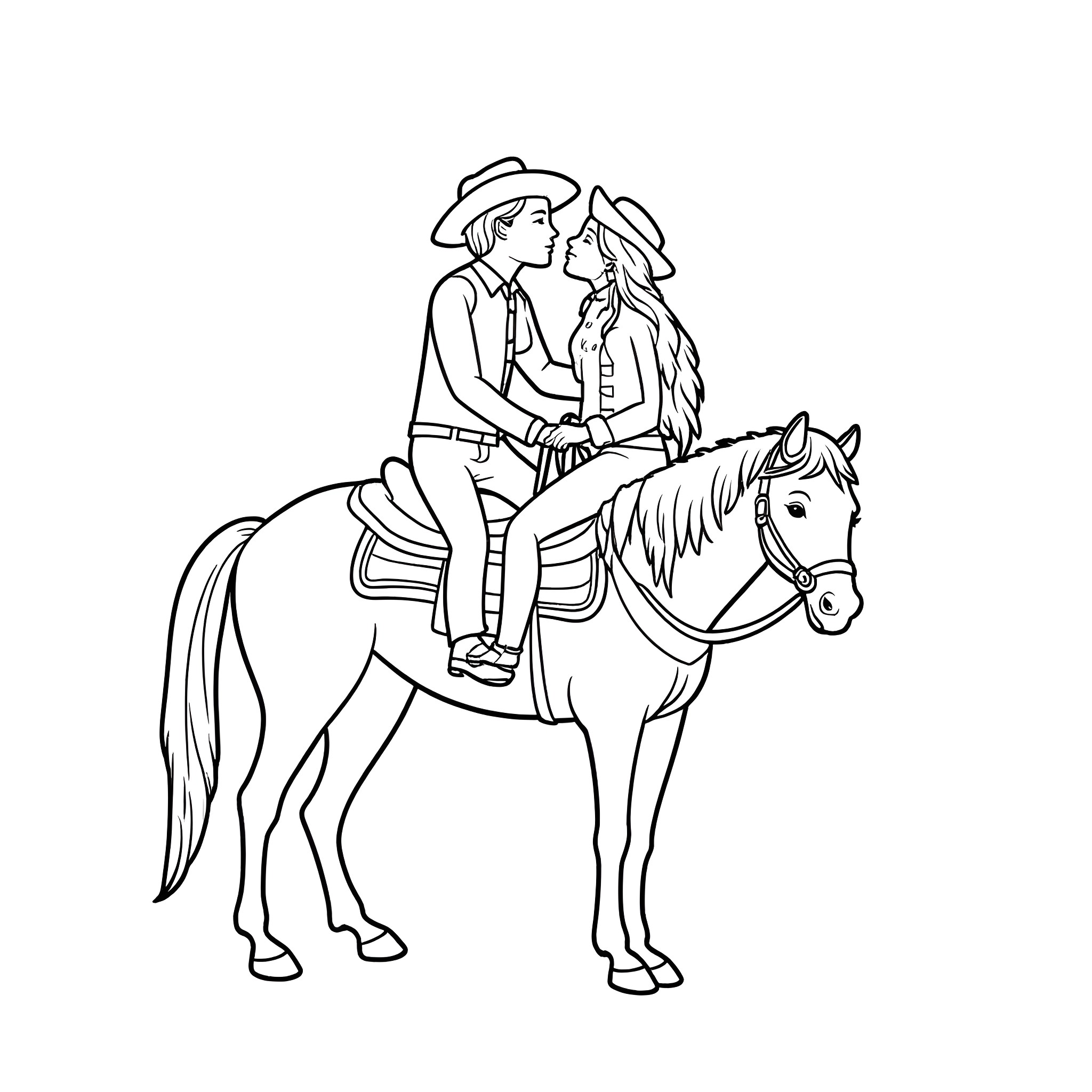 Cowboy couple riding on horseback Coloring Page (free black-and-white line drawing printable PDF for all, from beginners to advanced learners, including children, teens, adults, and seniors)