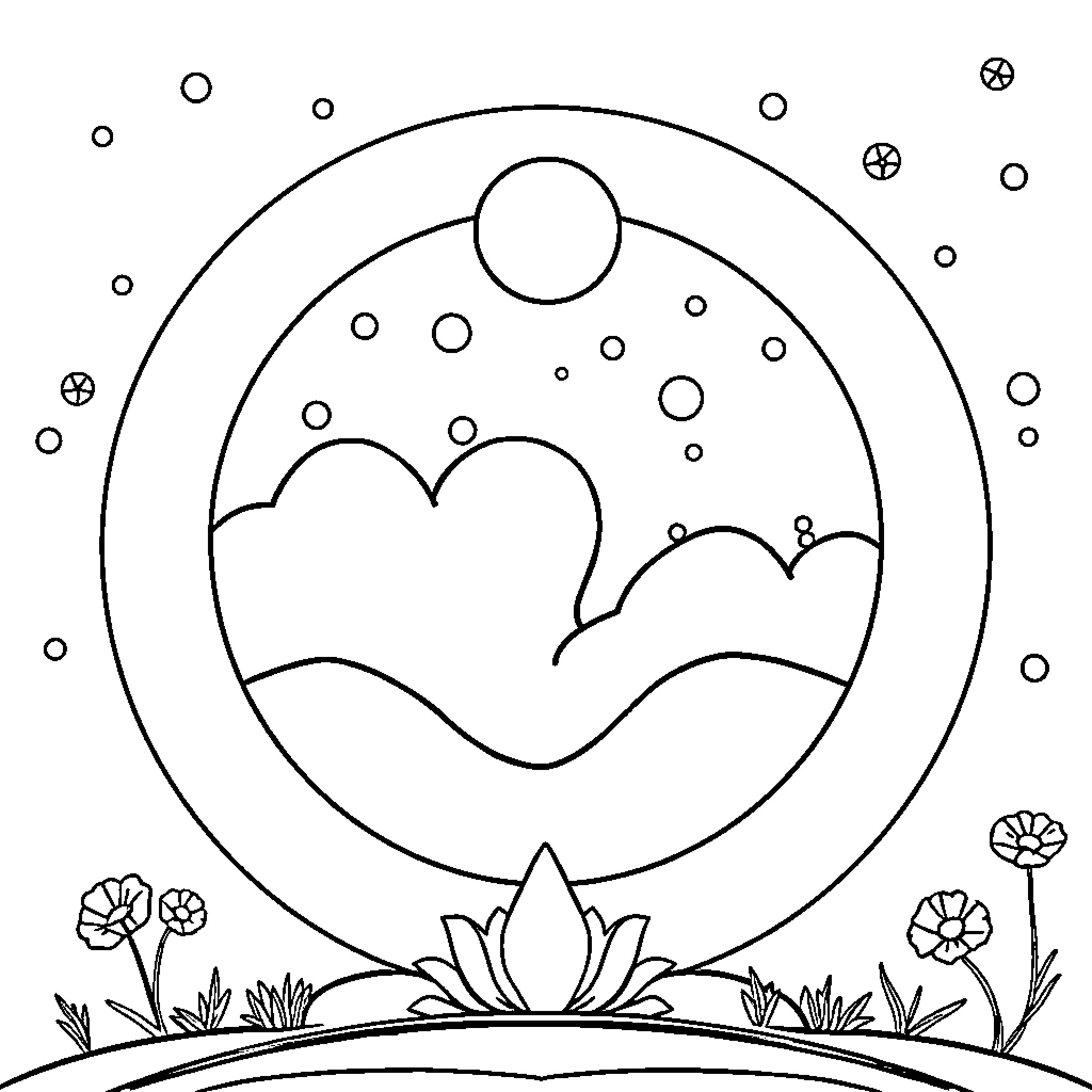 Meditation on a peaceful landscape Coloring Page (free black-and-white line drawing printable PDF for all, from beginners to advanced learners, including children, teens, adults, and seniors)
