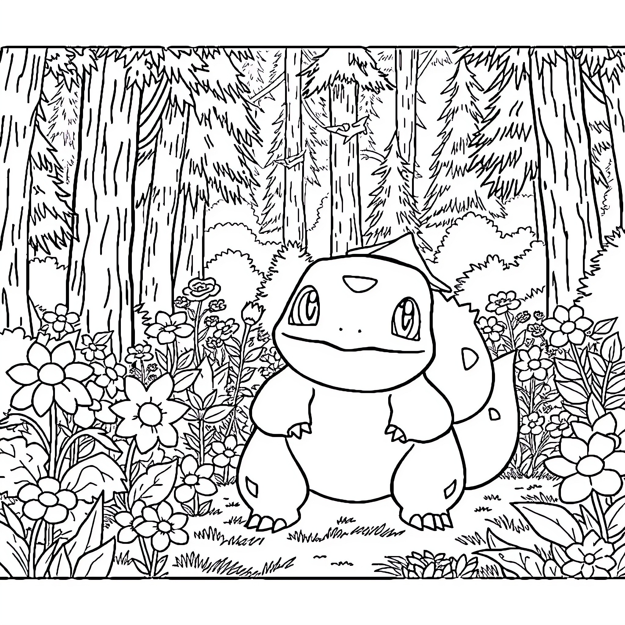 Bulbasaur enjoying a peaceful day in the forest Coloring Page (free black-and-white line drawing printable PDF for all, from beginners to advanced learners, including children, teens, adults, and seniors)