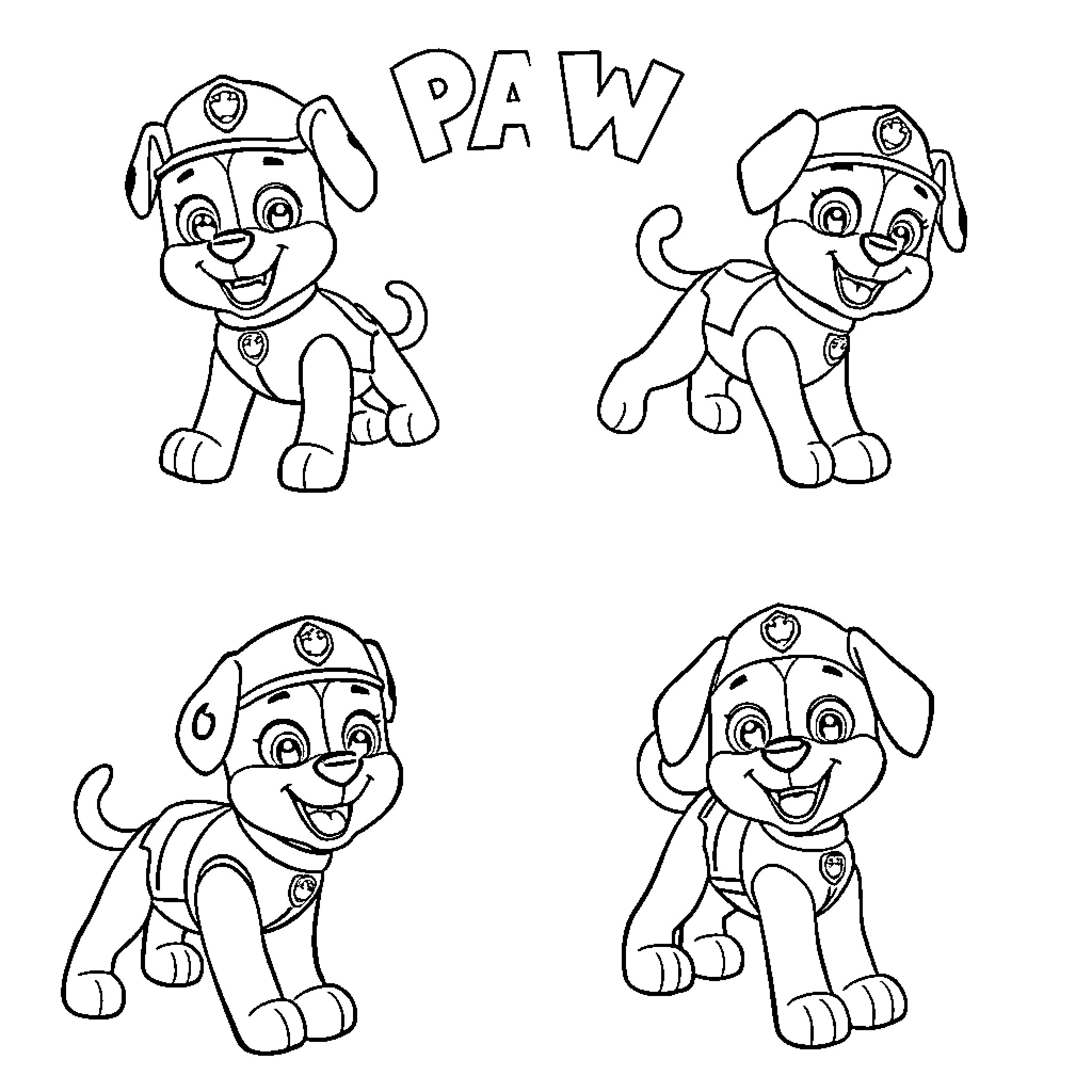 Paw Patrol Puppy Characters in Uniform Coloring Page (free black-and-white line drawing printable PDF for all, from beginners to advanced learners, including children, teens, adults, and seniors)