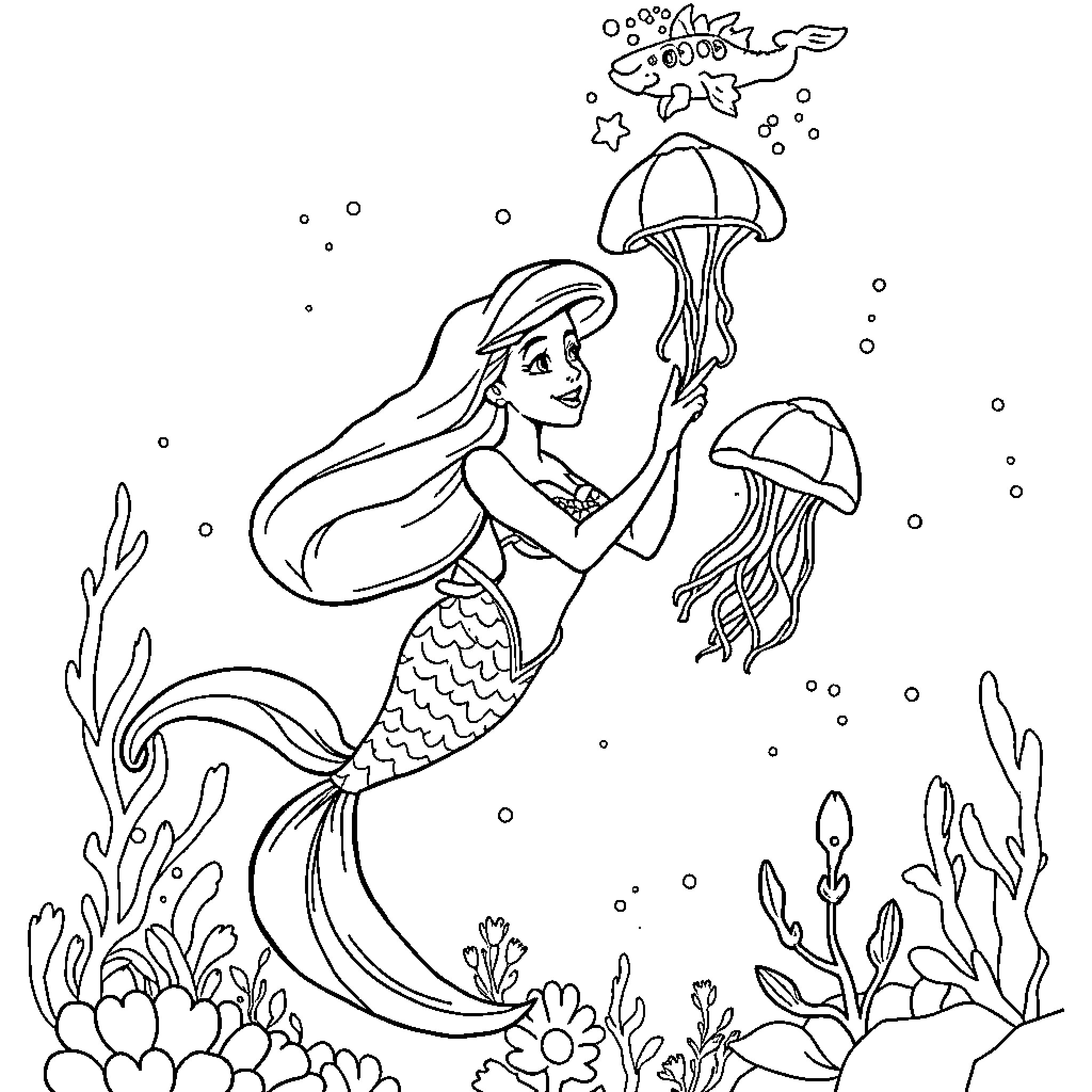 Ariel Exploring the Underwater World with Jellyfish Coloring Page (free black-and-white line drawing printable PDF for all, from beginners to advanced learners, including children, teens, adults, and seniors)