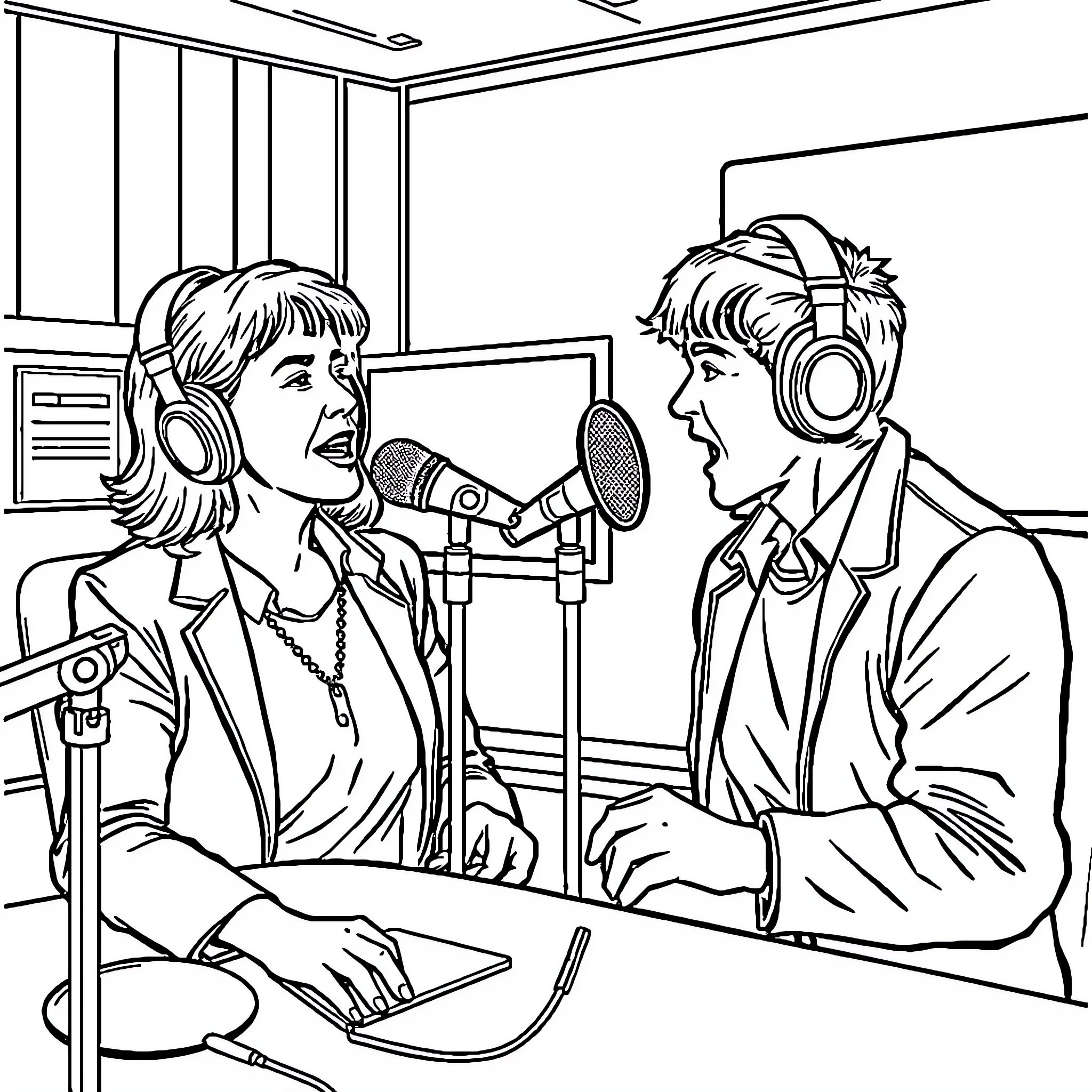 Person recording vocals in studio with another person Coloring Page (free black-and-white line drawing printable PDF for all, from beginners to advanced learners, including children, teens, adults, and seniors)