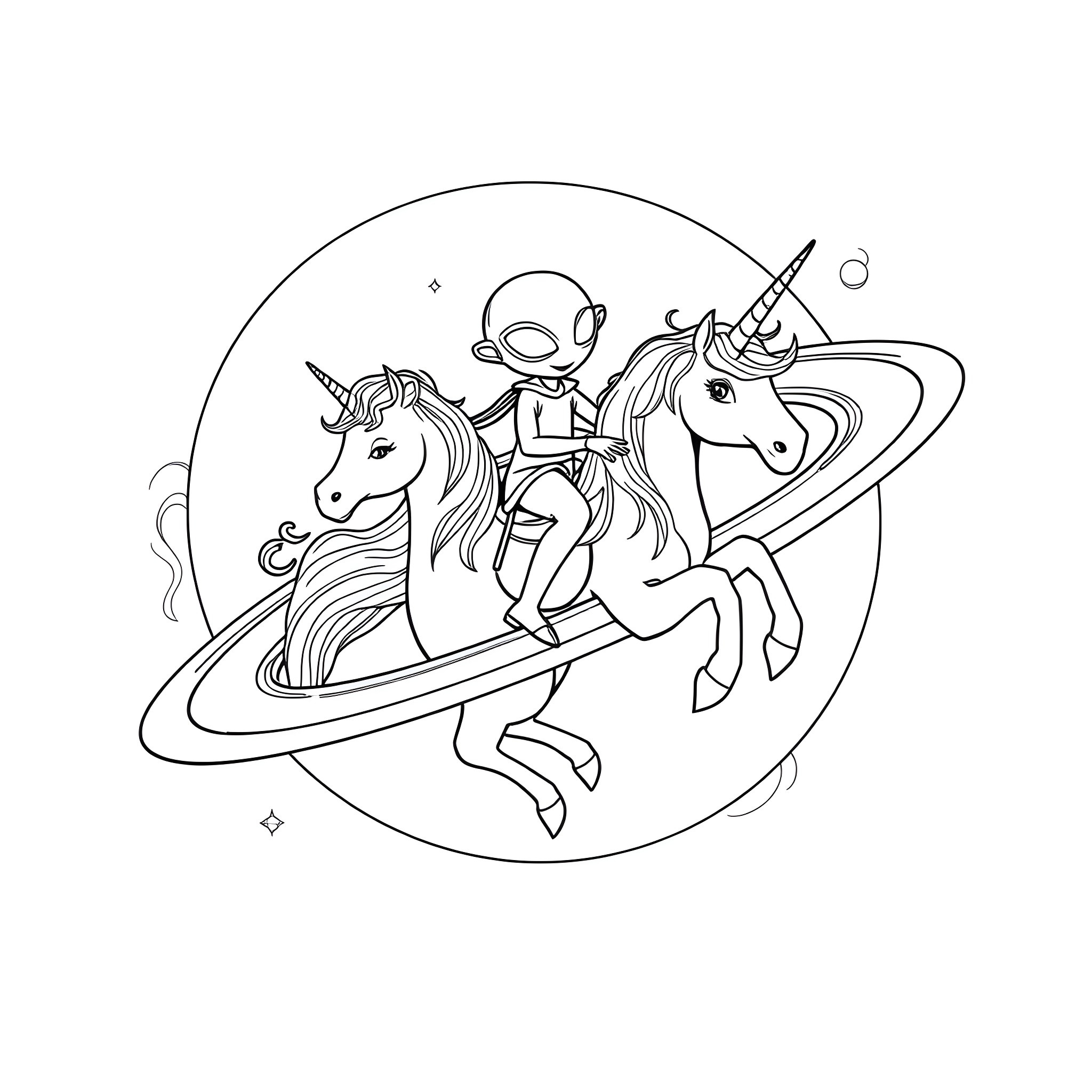 Alien astronaut riding magical unicorn through space Coloring Page (free black-and-white line drawing printable PDF for all, from beginners to advanced learners, including children, teens, adults, and seniors)