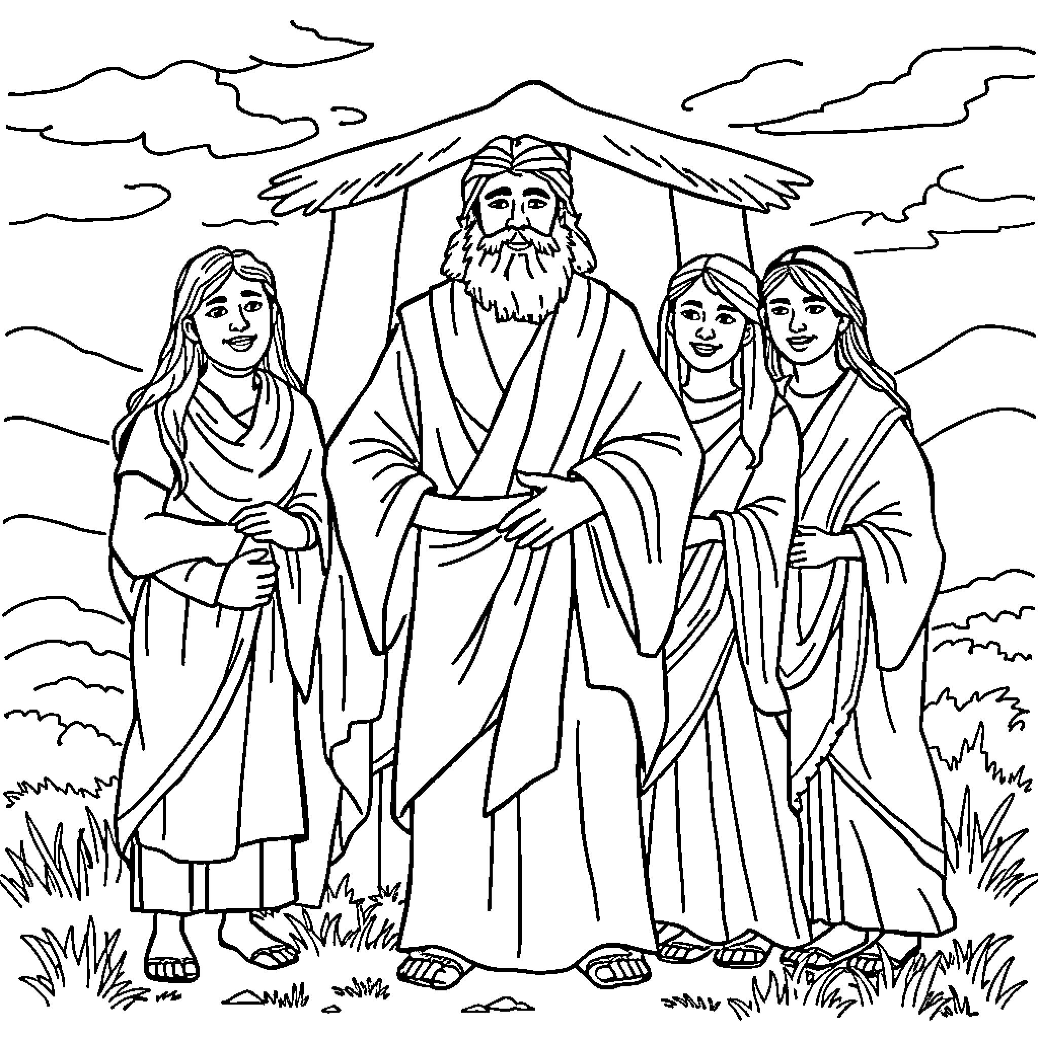 Noah and his family under the divine protection Coloring Page (free black-and-white line drawing printable PDF for all, from beginners to advanced learners, including children, teens, adults, and seniors)