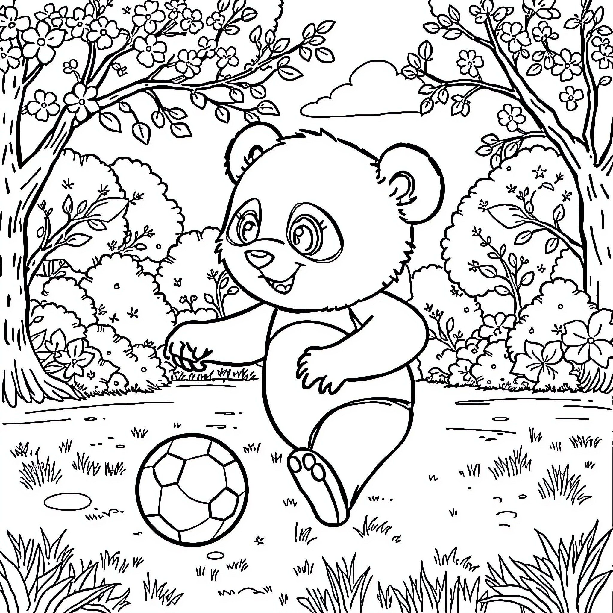 Panda Playing with Ball in Floral Forest Coloring Page (free black-and-white line drawing printable PDF for all, from beginners to advanced learners, including children, teens, adults, and seniors)