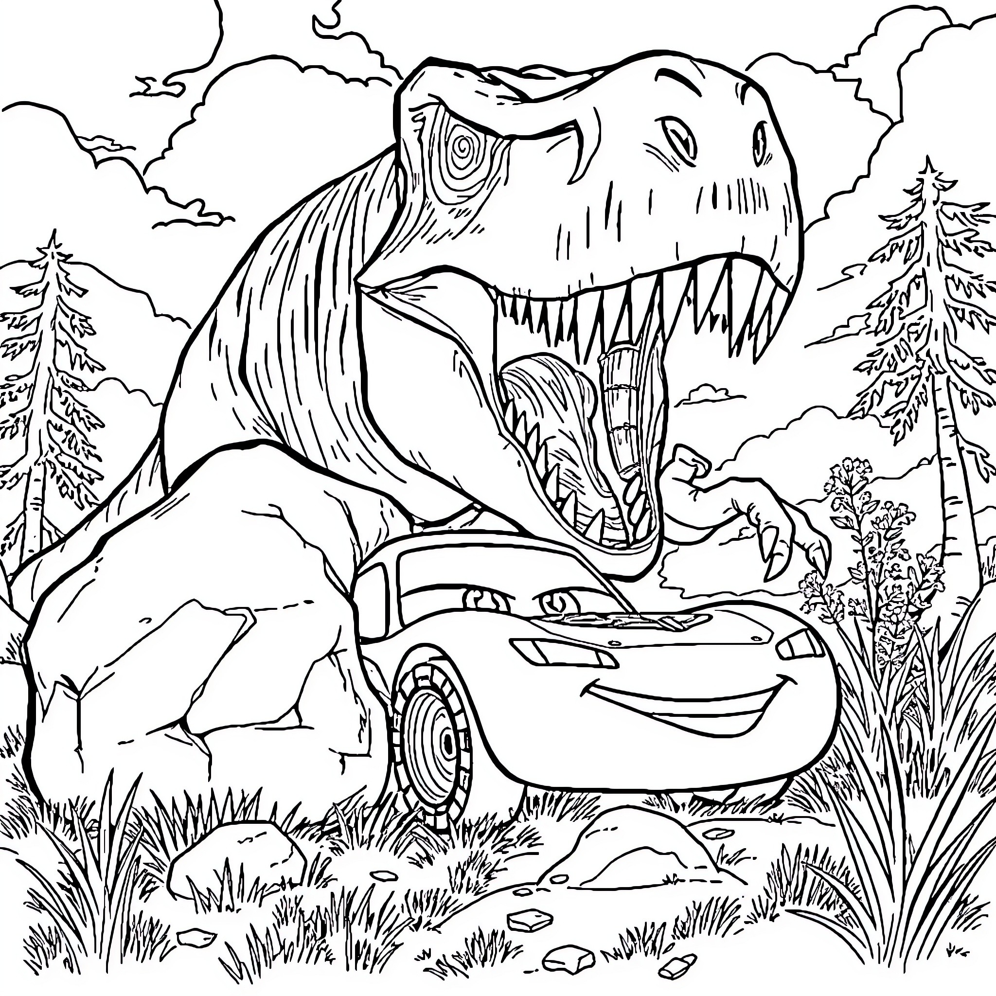Lightning McQueen encounters a fearsome dinosaur in the wilderness Coloring Page (free black-and-white line drawing printable PDF for all, from beginners to advanced learners, including children, teens, adults, and seniors)