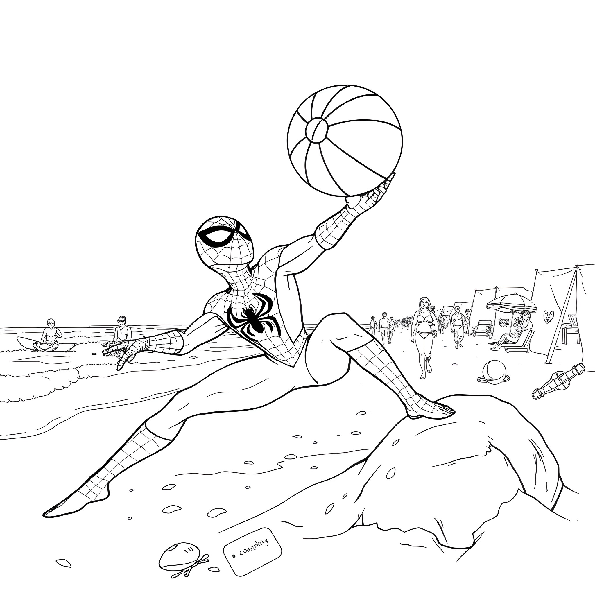 Spiderman playing with a beach ball on the sand Coloring Page (free black-and-white line drawing printable PDF for all, from beginners to advanced learners, including children, teens, adults, and seniors)