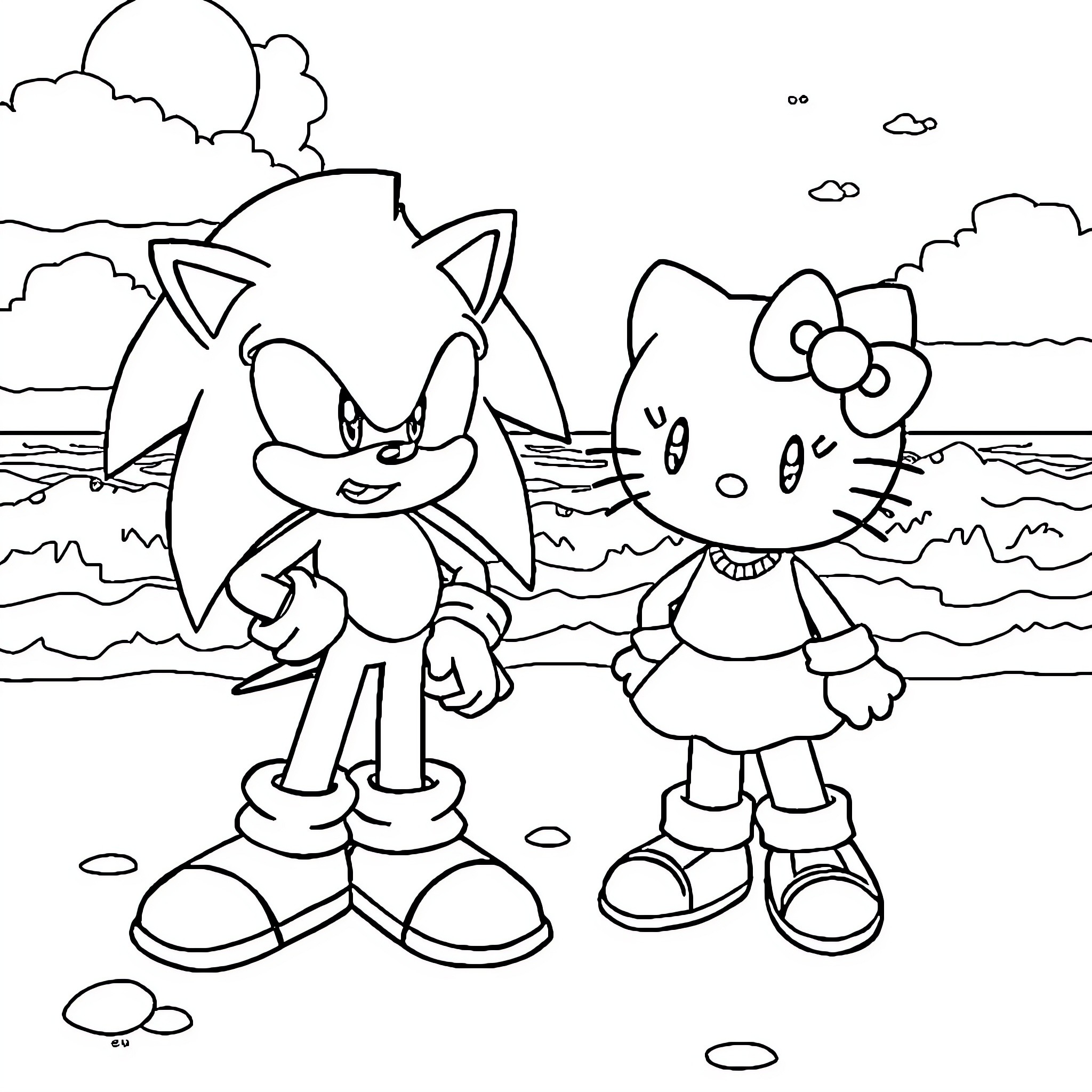 Sonic and Hello Kitty's beach adventure Coloring Page (free black-and-white line drawing printable PDF for all, from beginners to advanced learners, including children, teens, adults, and seniors)