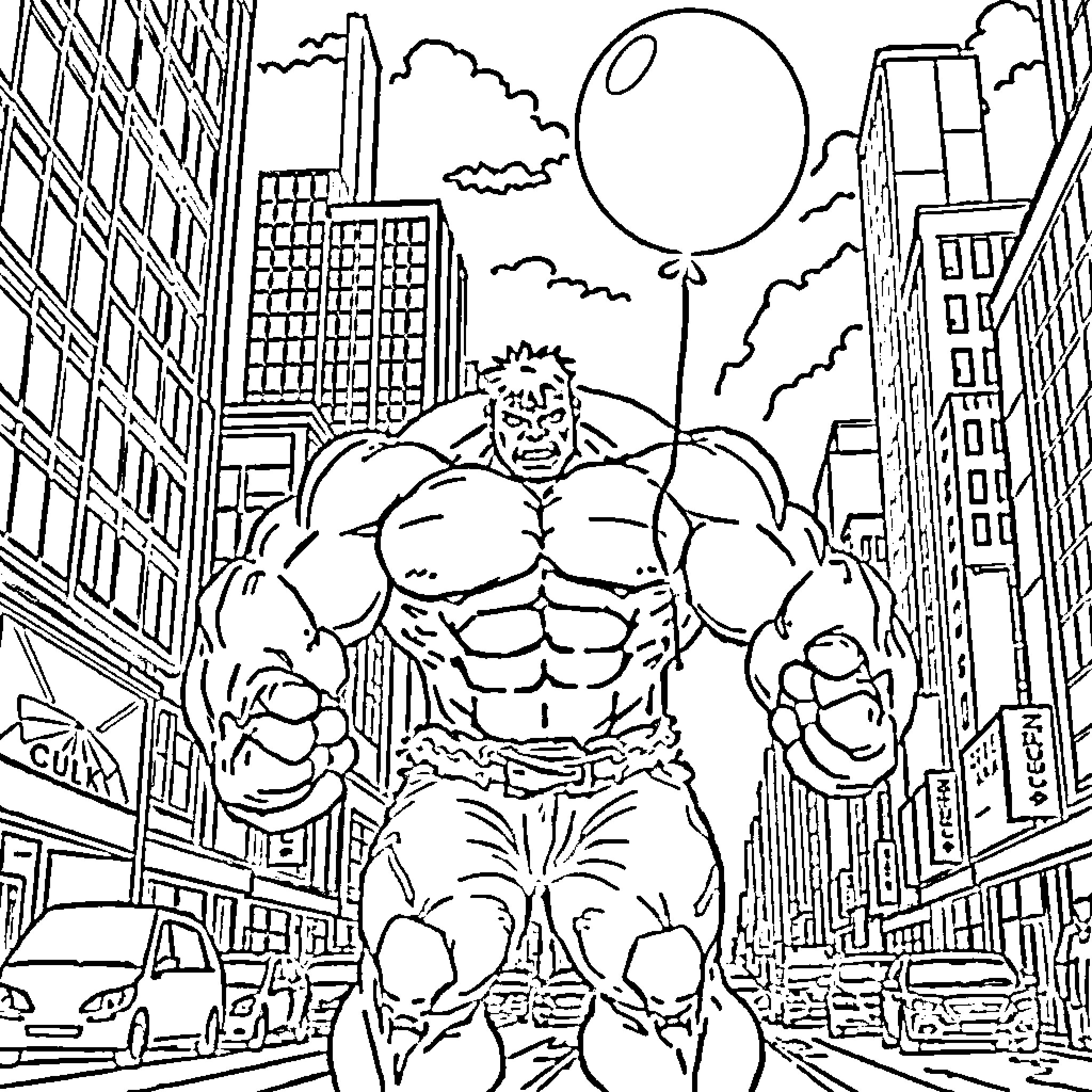 Hulk rampaging through the city streets Coloring Page (free black-and-white line drawing printable PDF for all, from beginners to advanced learners, including children, teens, adults, and seniors)